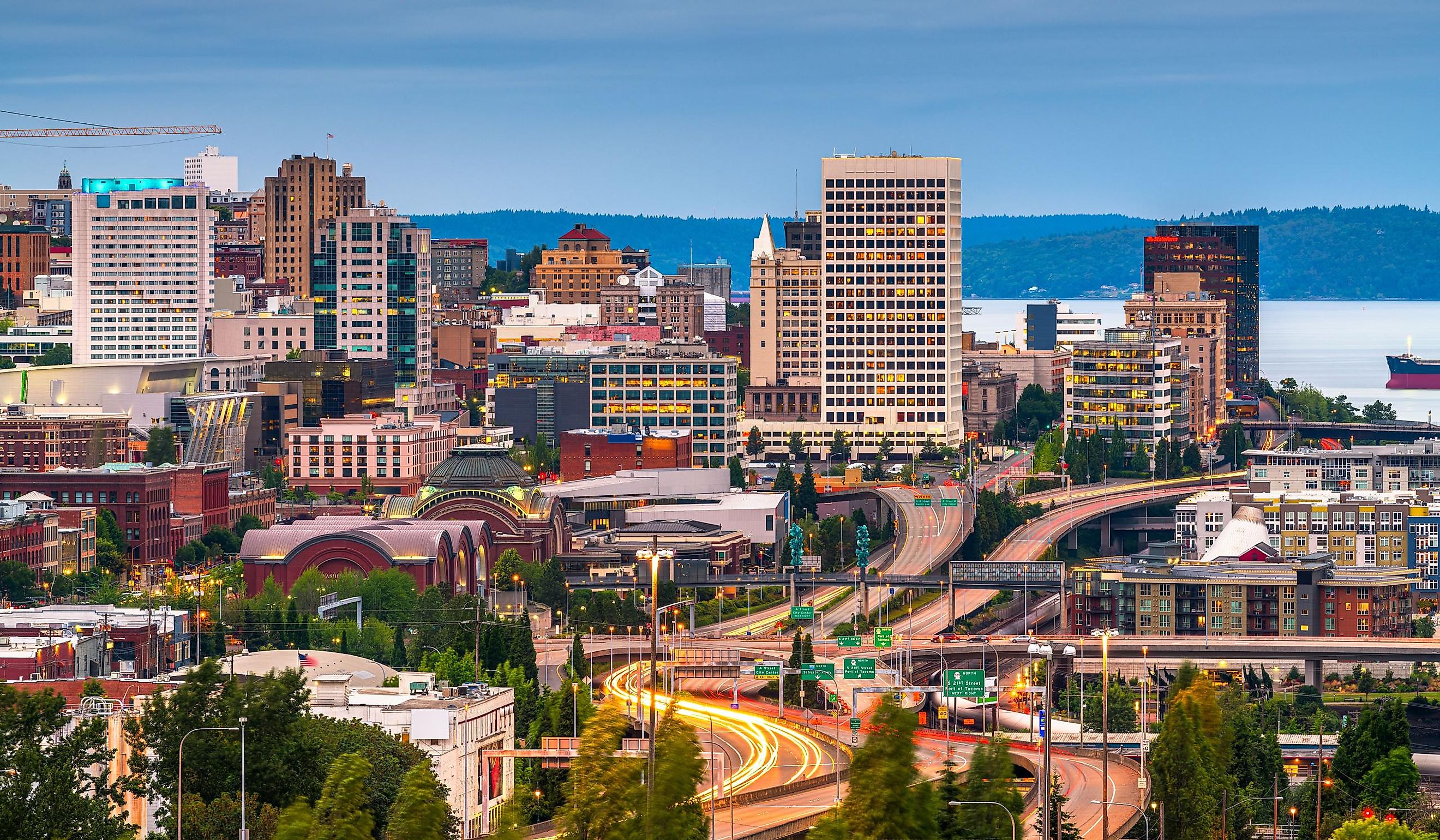 Tacoma, Washington, USA skyline at night.