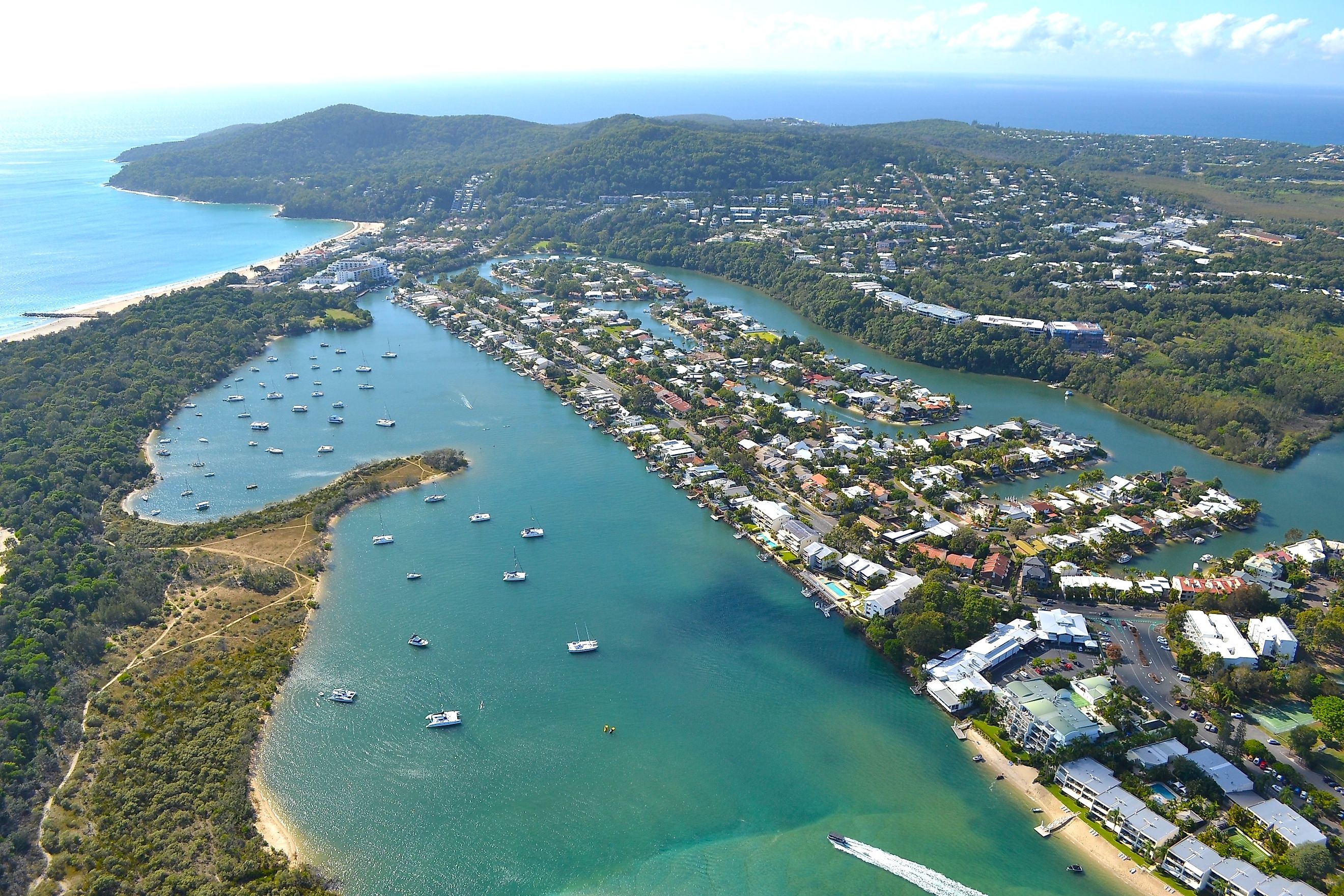 Aerial view of boats on the Noosa River in Noosa Heads, Queensland, Australia.