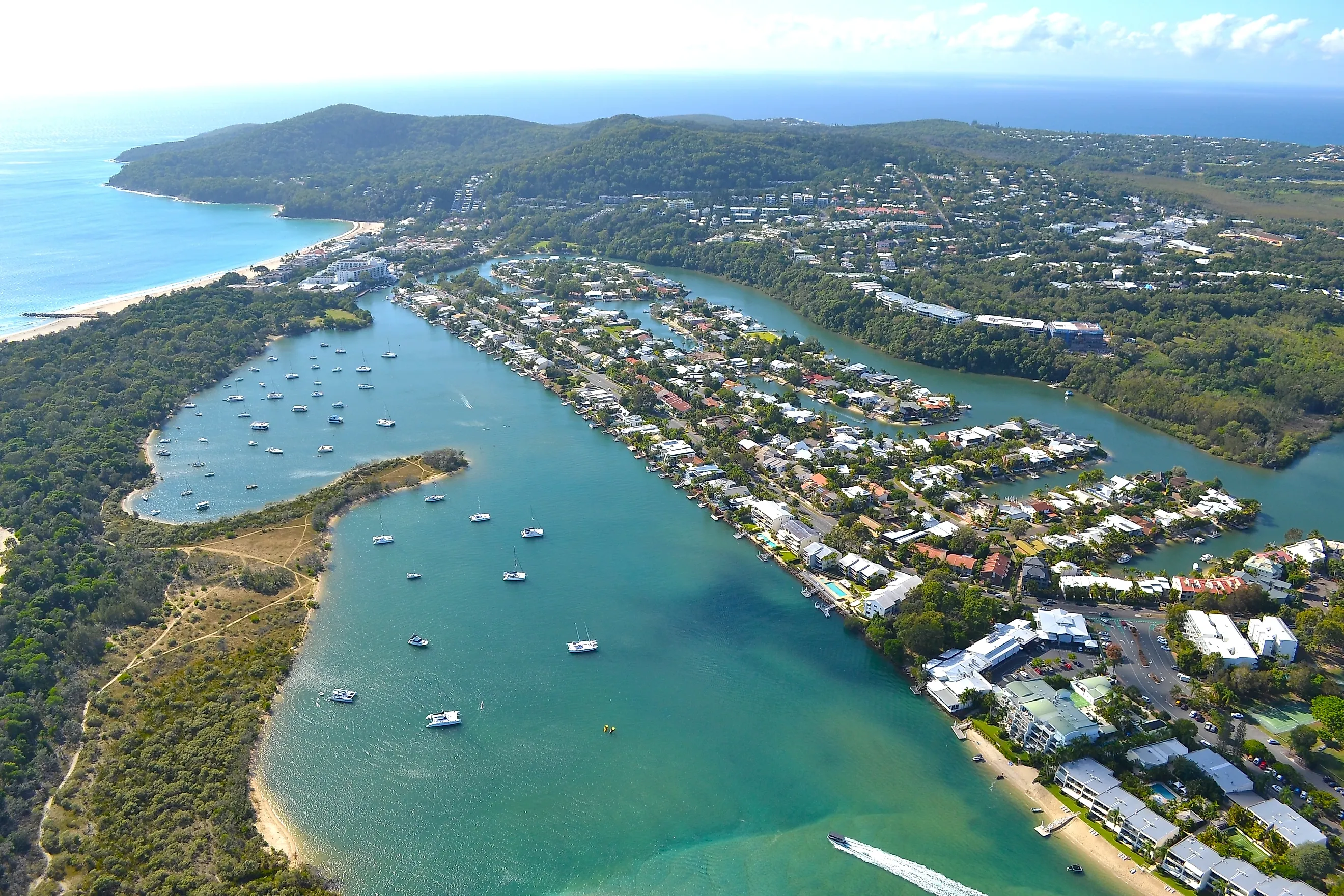 Aerial view of boats on the Noosa River in Noosa Heads, Queensland, Australia.