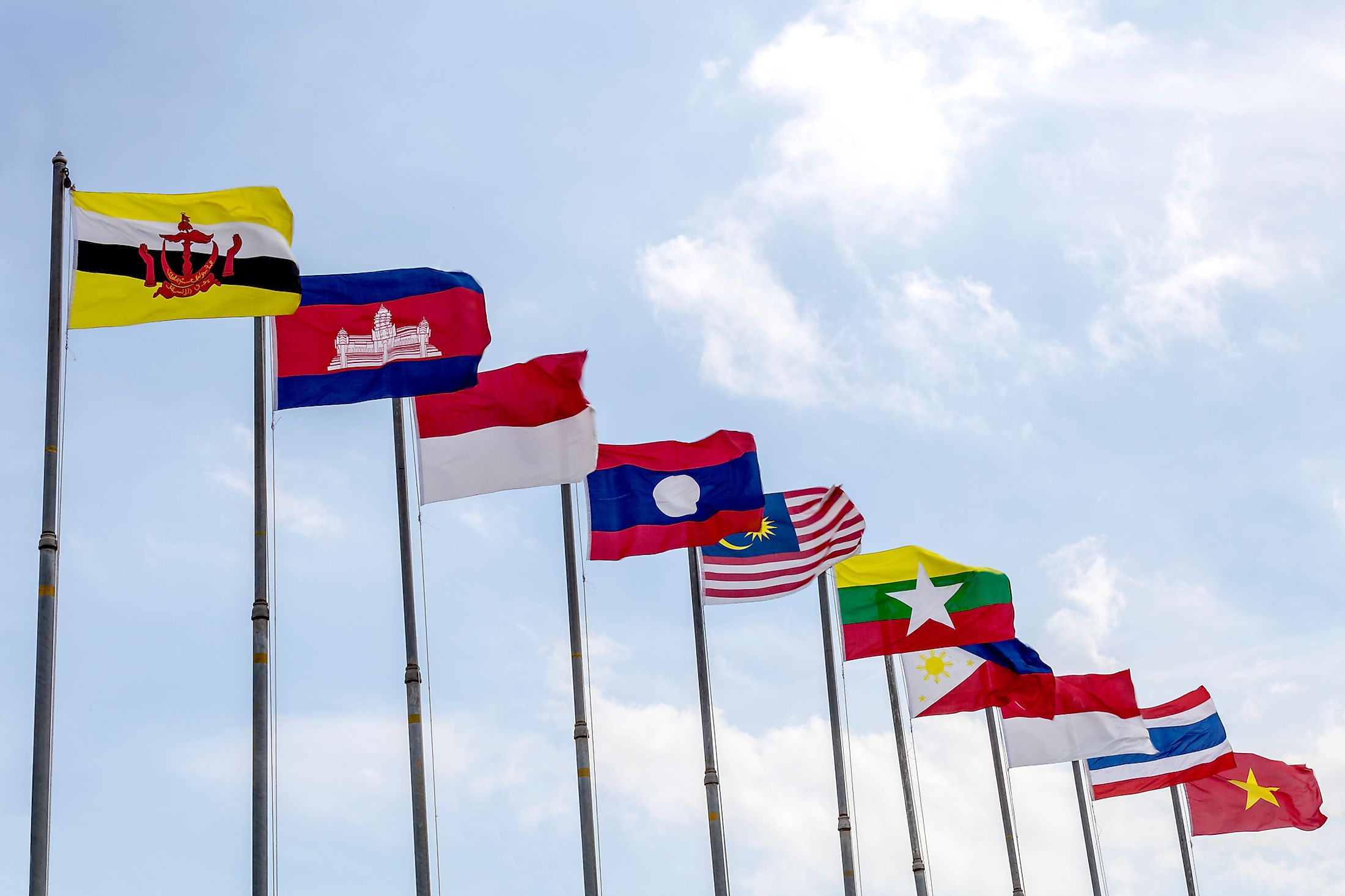 Flags of the 10 member countries of ASEAN.