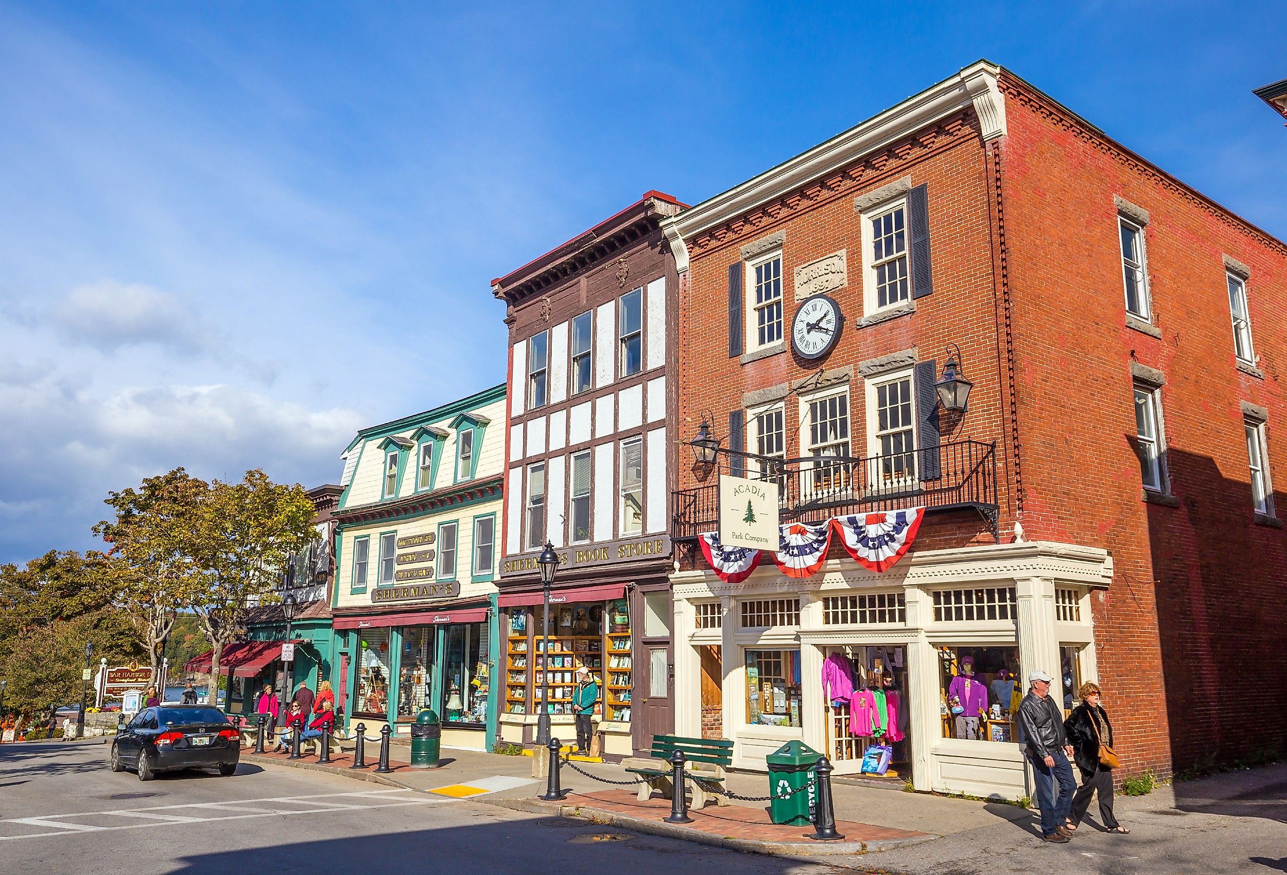 Storefronts and visitors in downtown Bar Harbor, Maine. Editorial credit: f11photo / Shutterstock.com