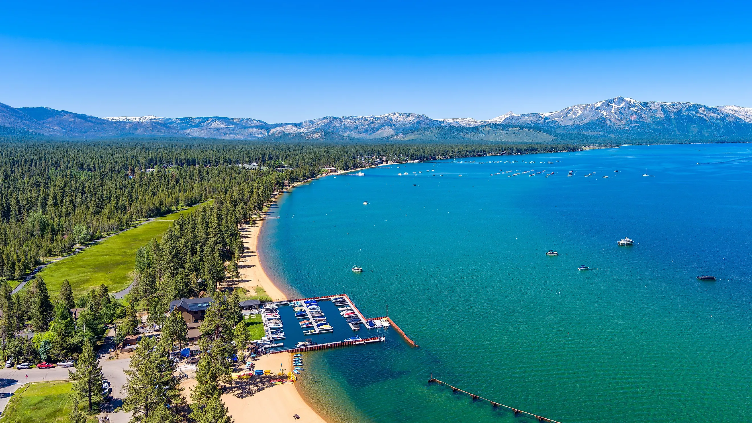 Aerial view of the shoreline of Lake Tahoe, via gchapel / iStock.com