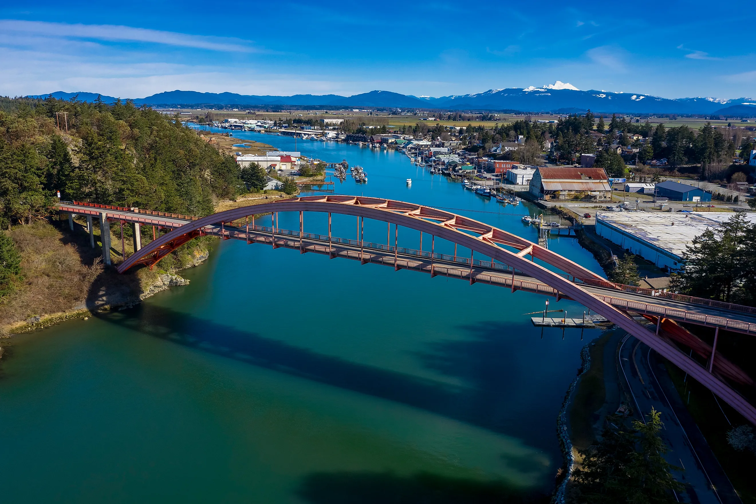 Aerial view of Rainbow Bridge in the Town of La Conner, Washington.