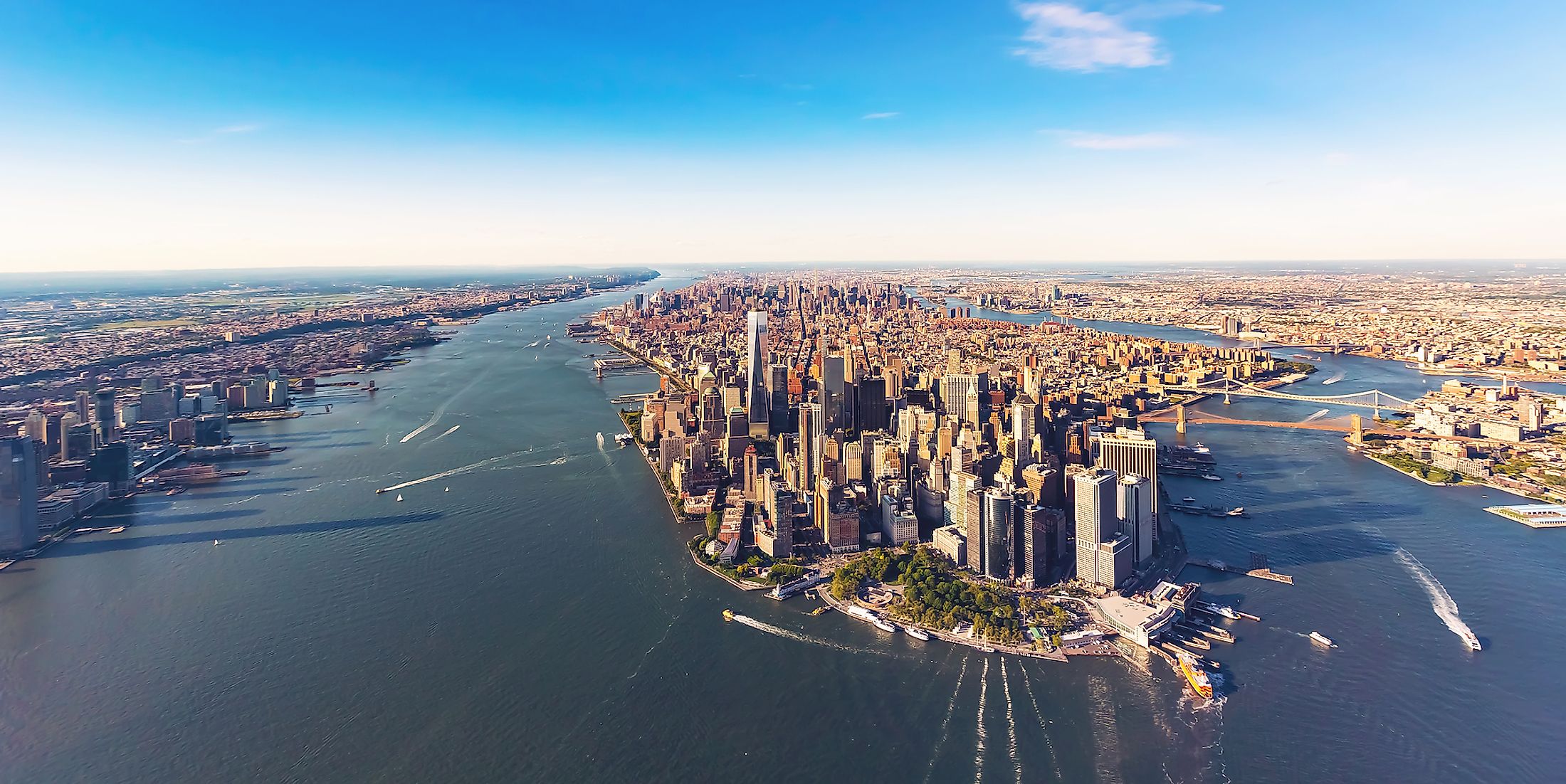 Aerial view of New York City and the Hudson River.