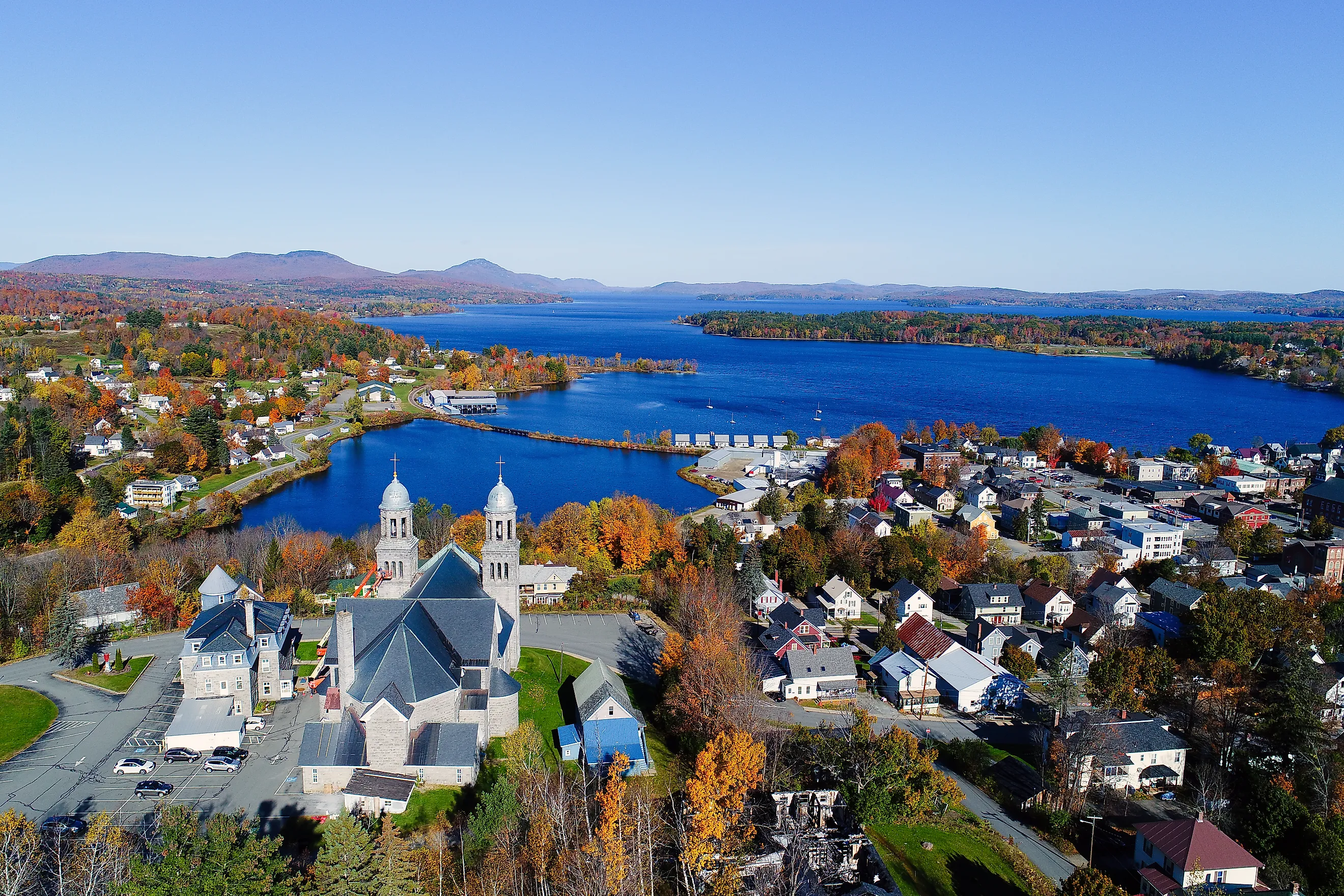 Aerial view of Lake Memphremagog in Newport, Vermont.