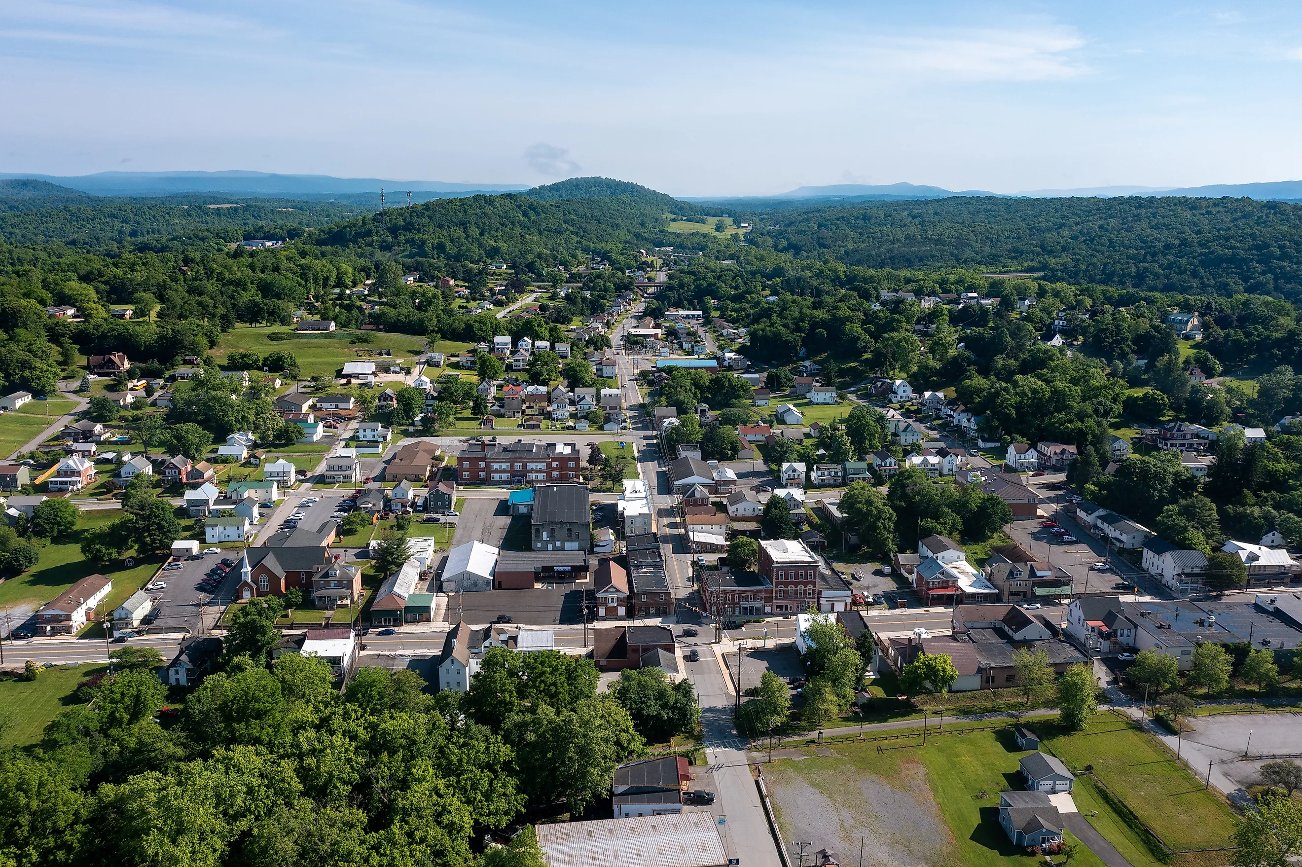 Aerial view of Hancock, Maryland and surrounding hills.