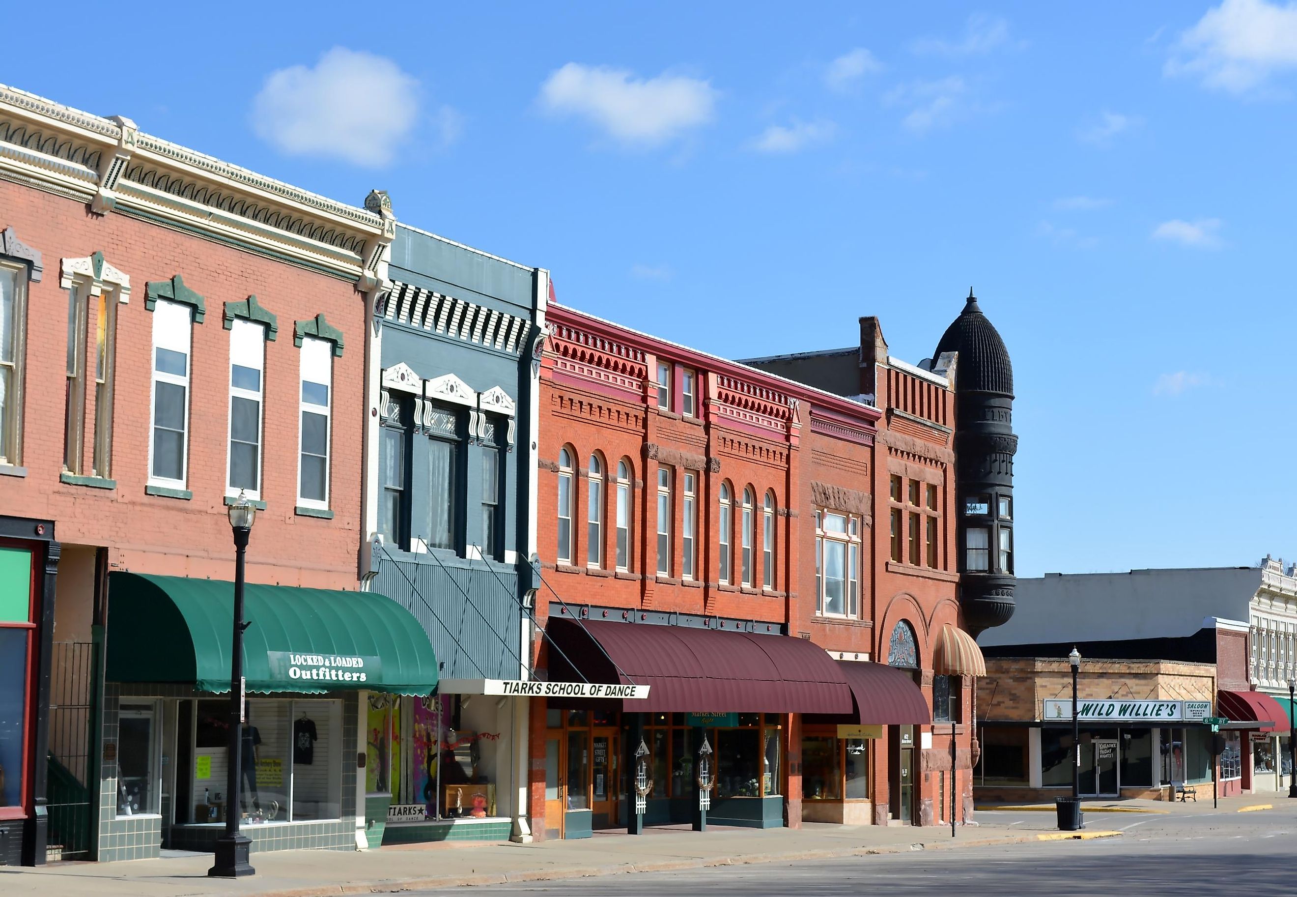 View of the storefronts of the small town of Harlan, Iowa in Shelby County.