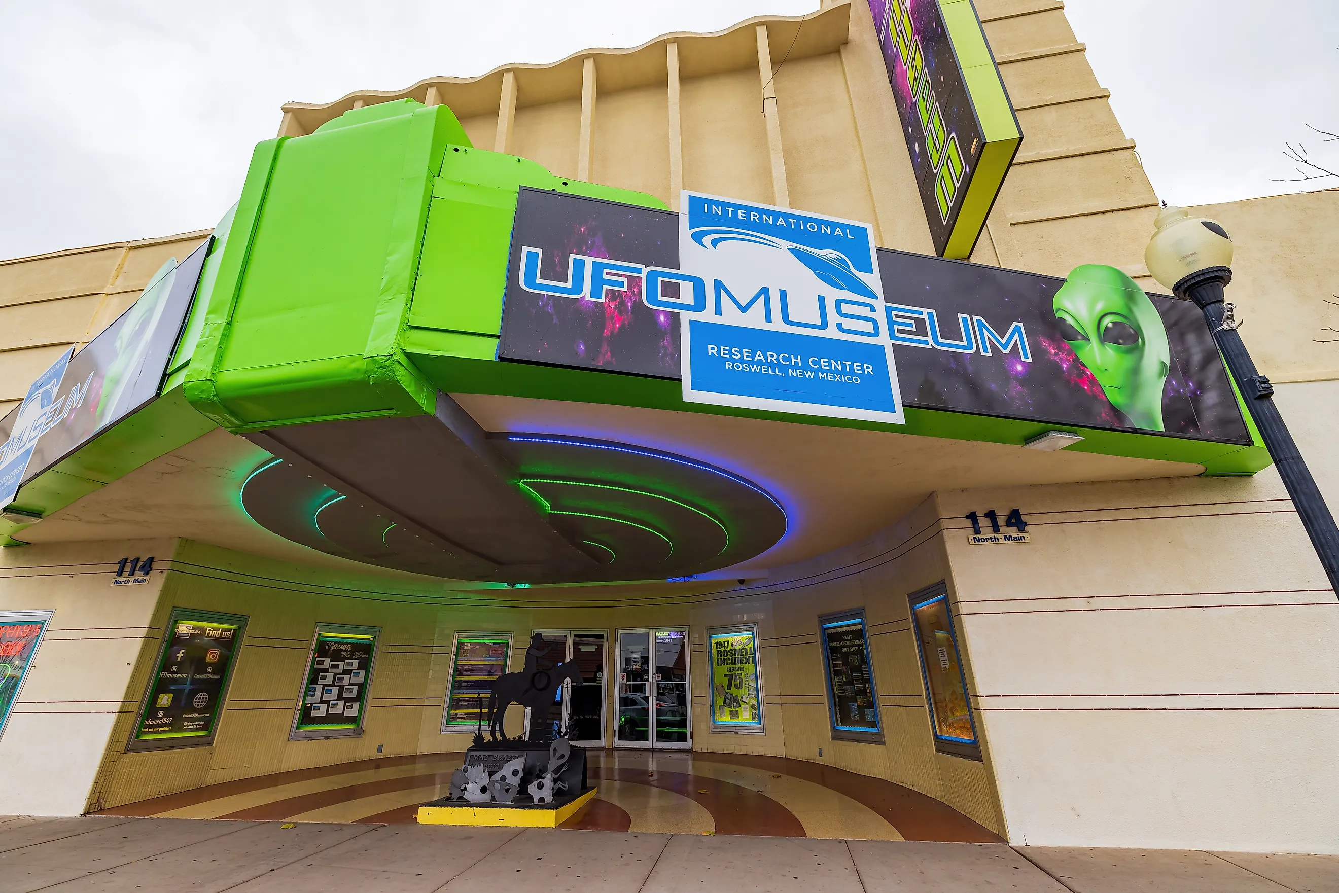 Exterior view of the International UFO Museum and Research Center in Roswell, New Mexico.