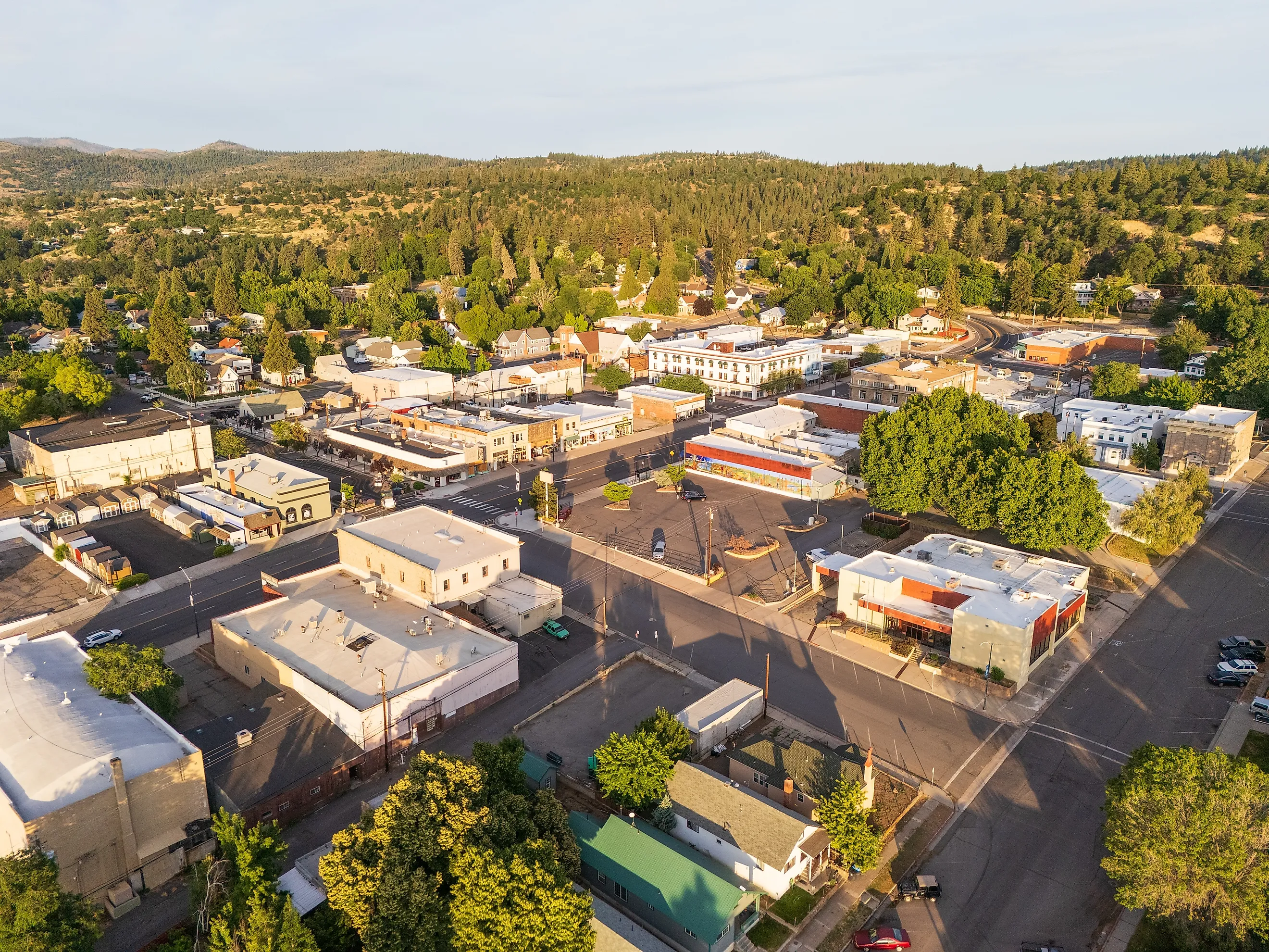 Aerial view of the historical downtown of Susanville, California at sunrise. 