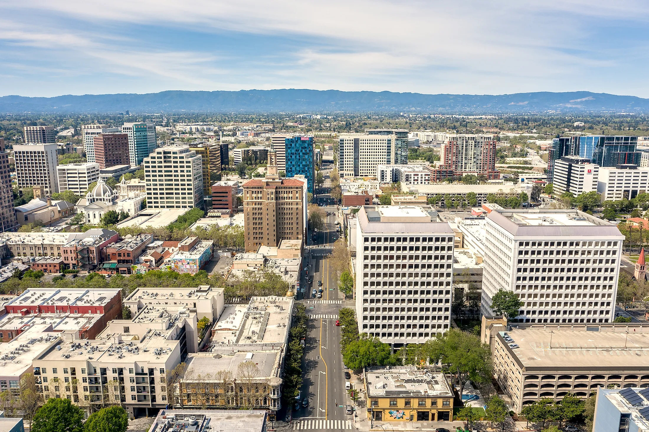 Aerial view of downtown San Jose on a clear day, south of San Francisco Bay, California. 