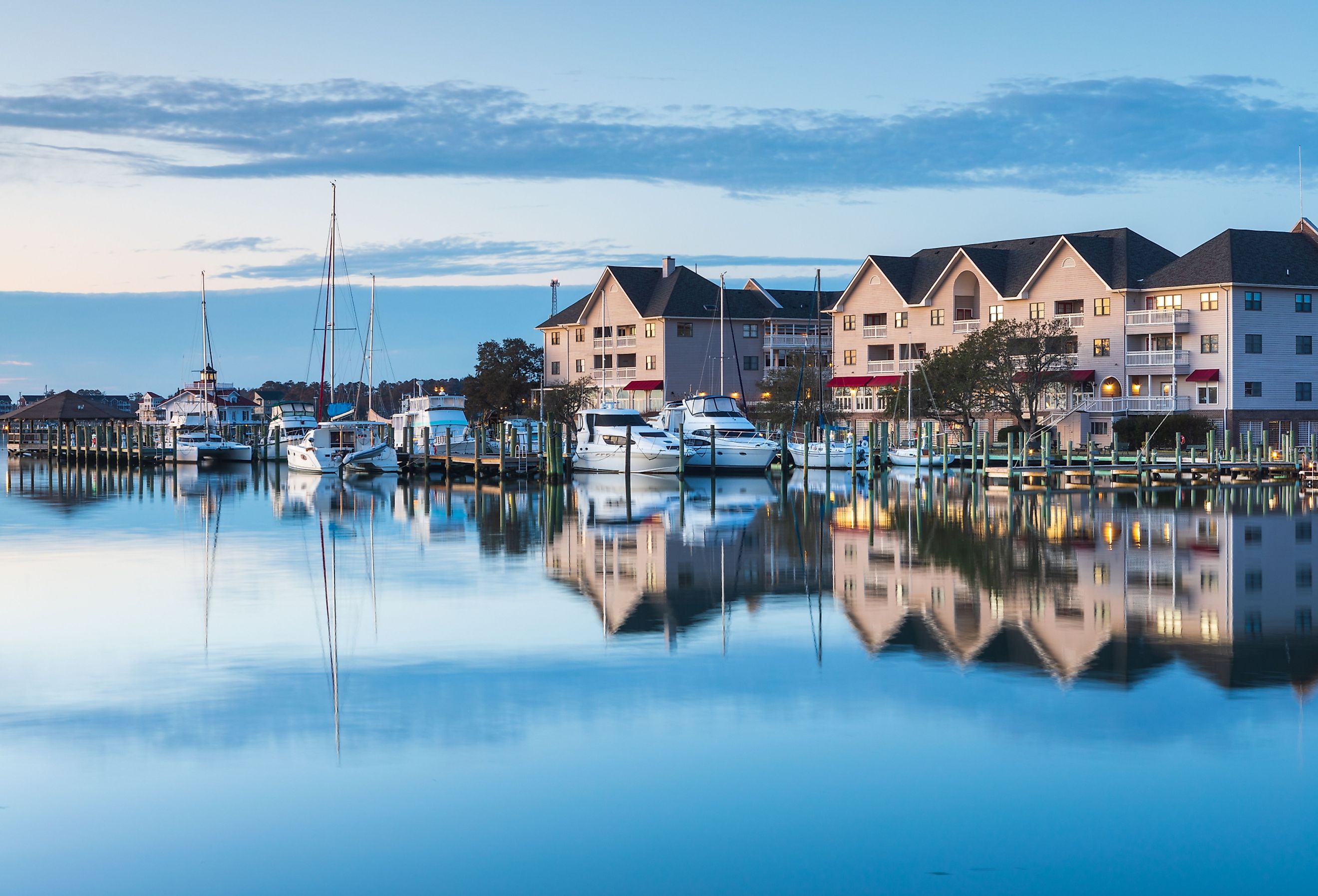 View of the town of Manteo's waterfront marina at daybreak in the Outer Banks of North Carolina.