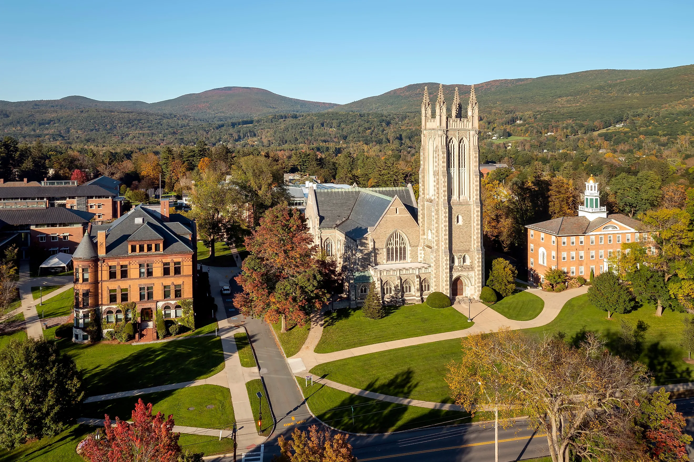 Aerial view of the Thompson Memorial Chapel on the campus of Williams College in Williamstown, Massachusetts.