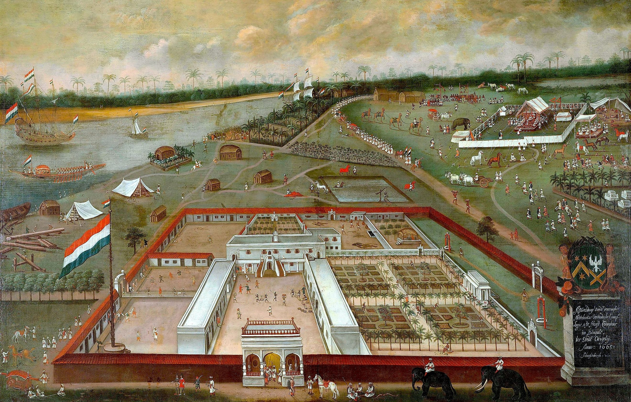 A factory entrepôt, a basic example of colonialism illustrating its different elements, hierarchies and impact to the land and people (the Dutch V.O.C. factory in Hugli-Chuchura, Bengal, in 1665).