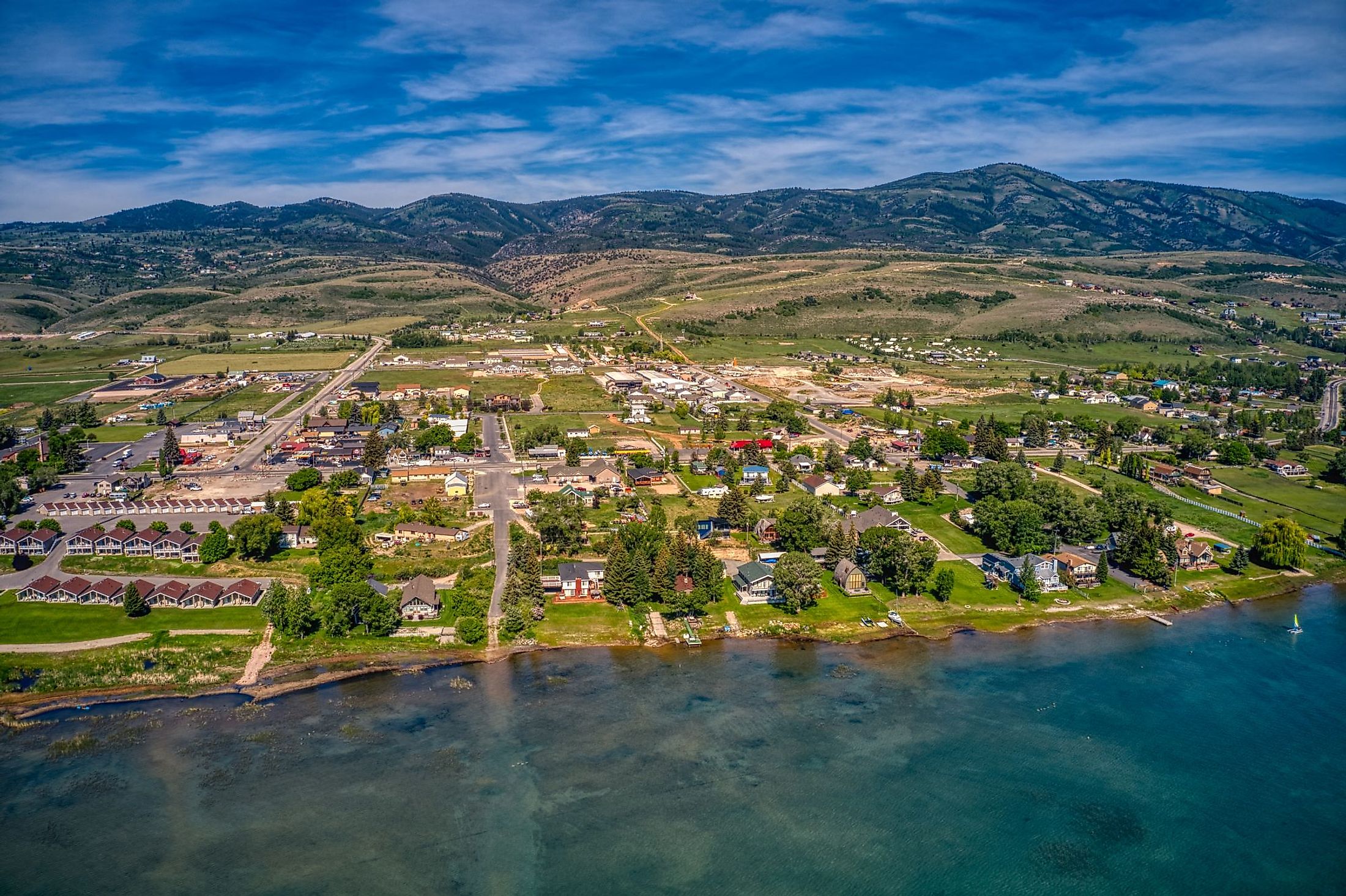 Aerial view of Garden City, Utah, on the shore of Bear Lake. 