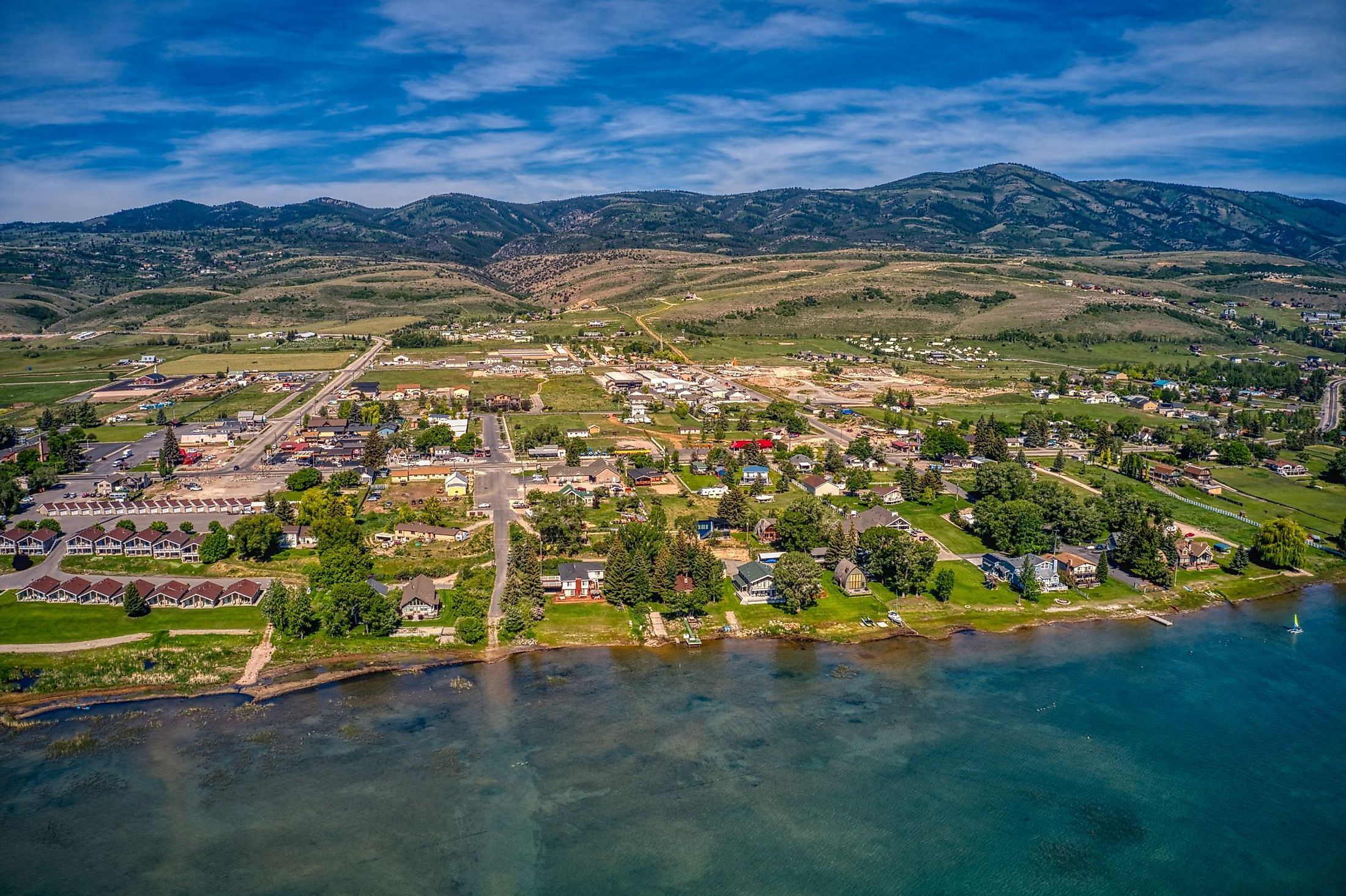 Aerial view of Garden City, Utah, on the shore of Bear Lake. 