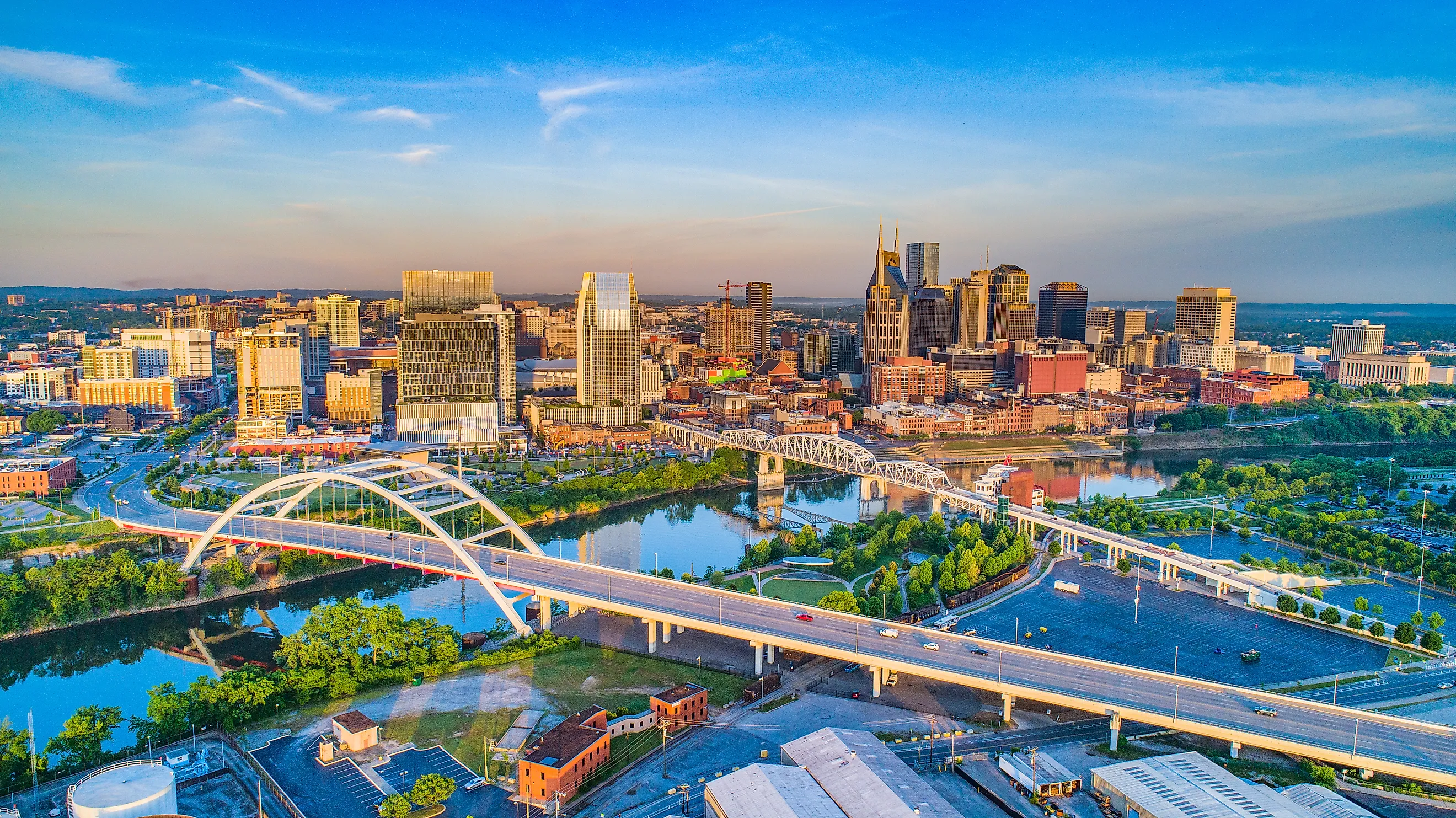 The Cumberland River flowing through downtown Nashville.