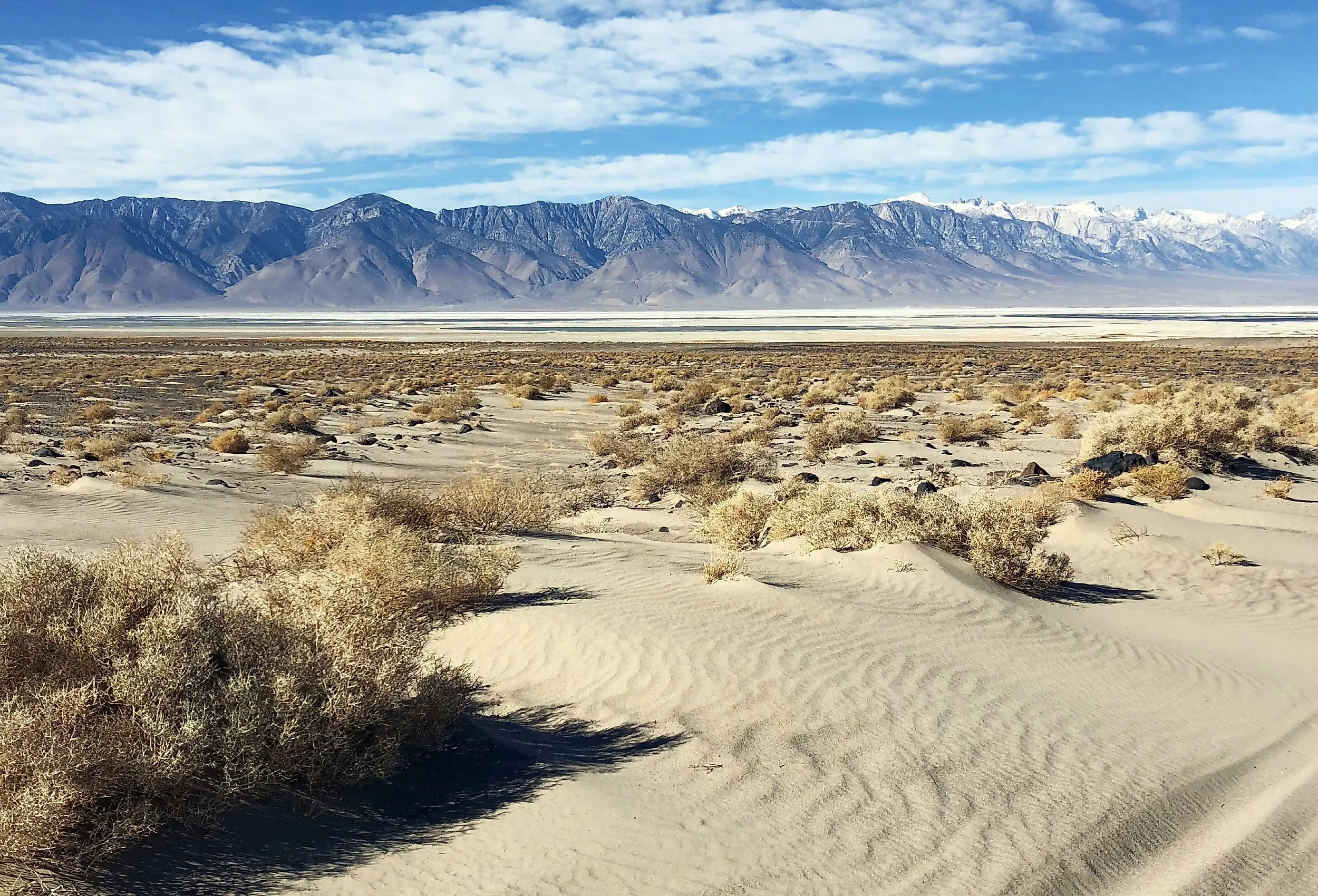Salt flats on the bed of Owens Lake, seen from State Route 190 near Lone Pine, California.