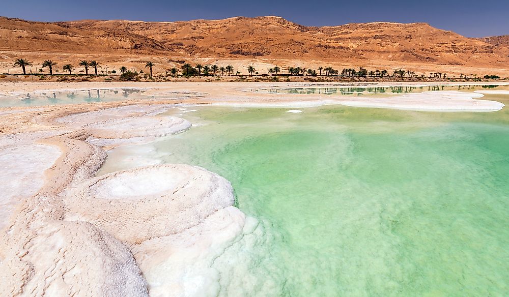 Salt deposits on the shore of the Dead Sea near Neve Zohar, Israel.