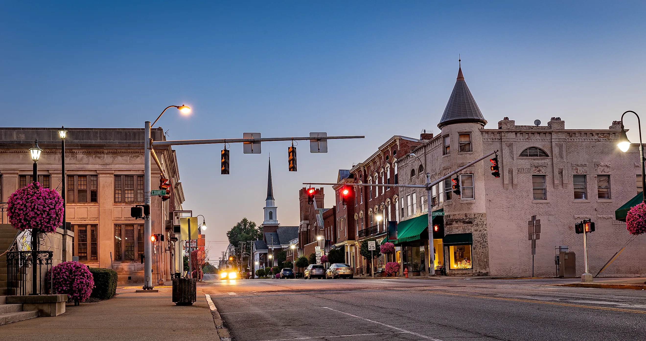 Morning view of Main Street in Versailles, Kentucky.