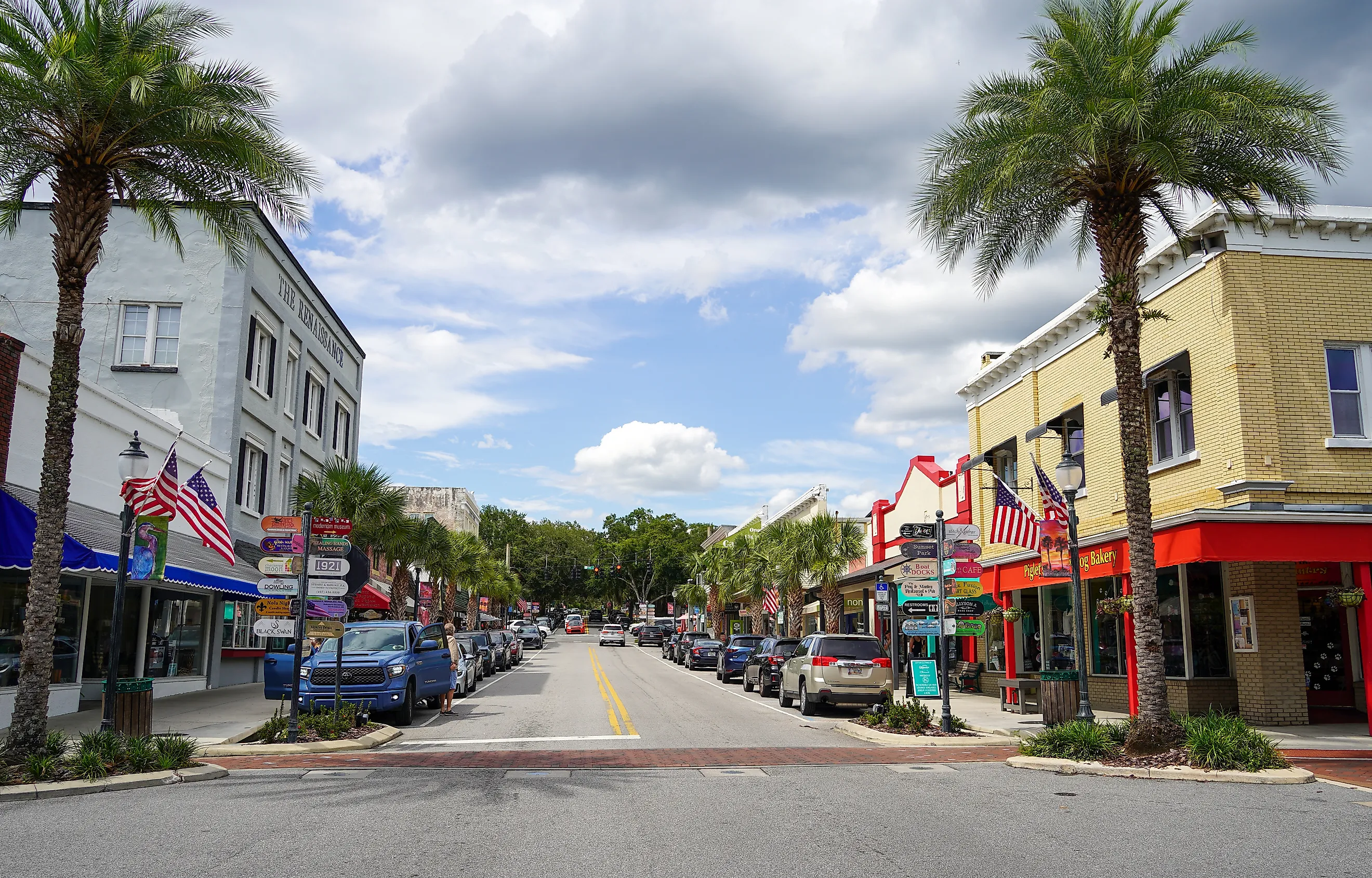 Mount Dora, Florida USA - July 28, 2023: Downtown town center area of Mount Dora.
