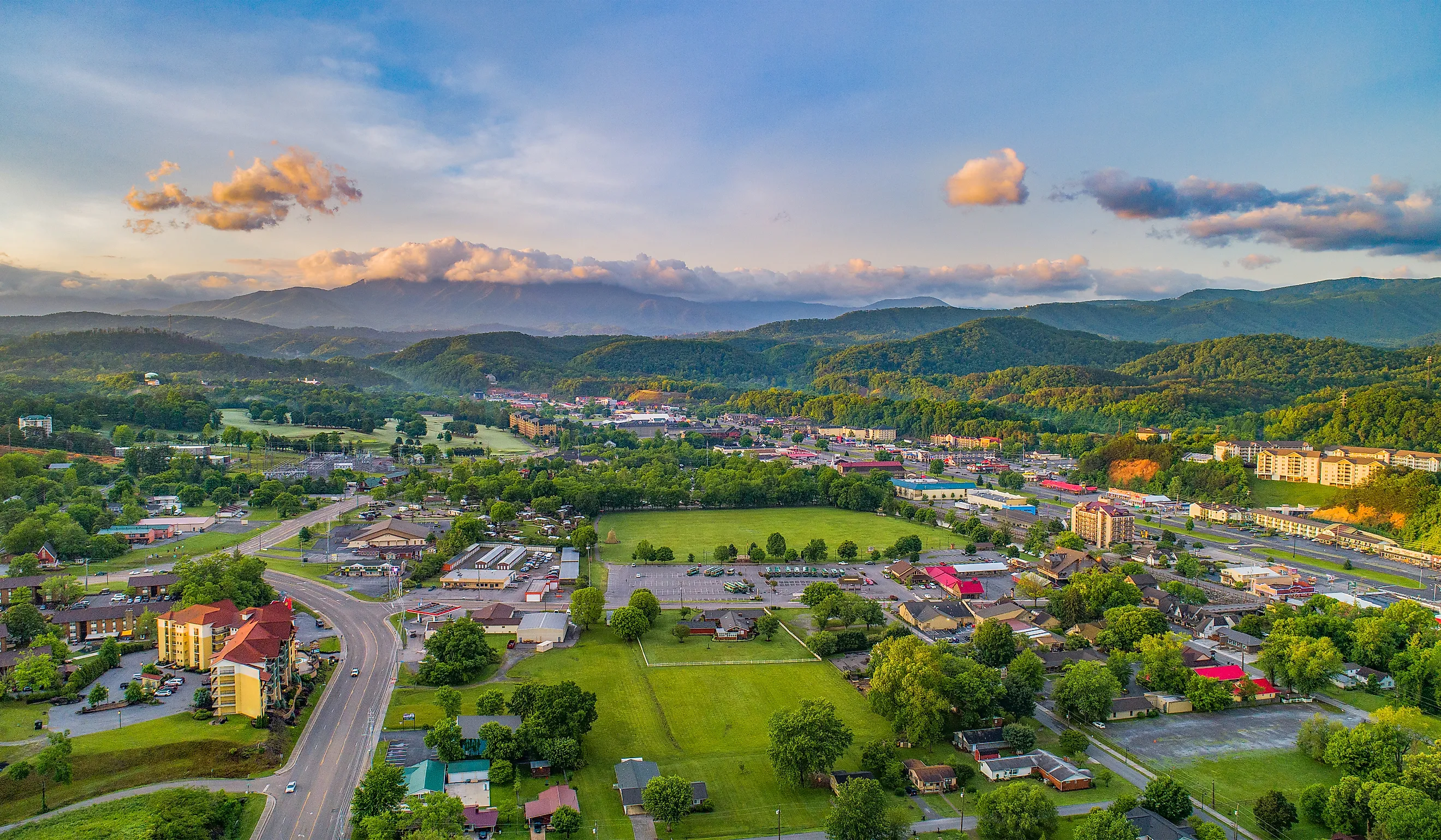 Aerial view of Pigeon Forge and Sevierville, Tennessee.
