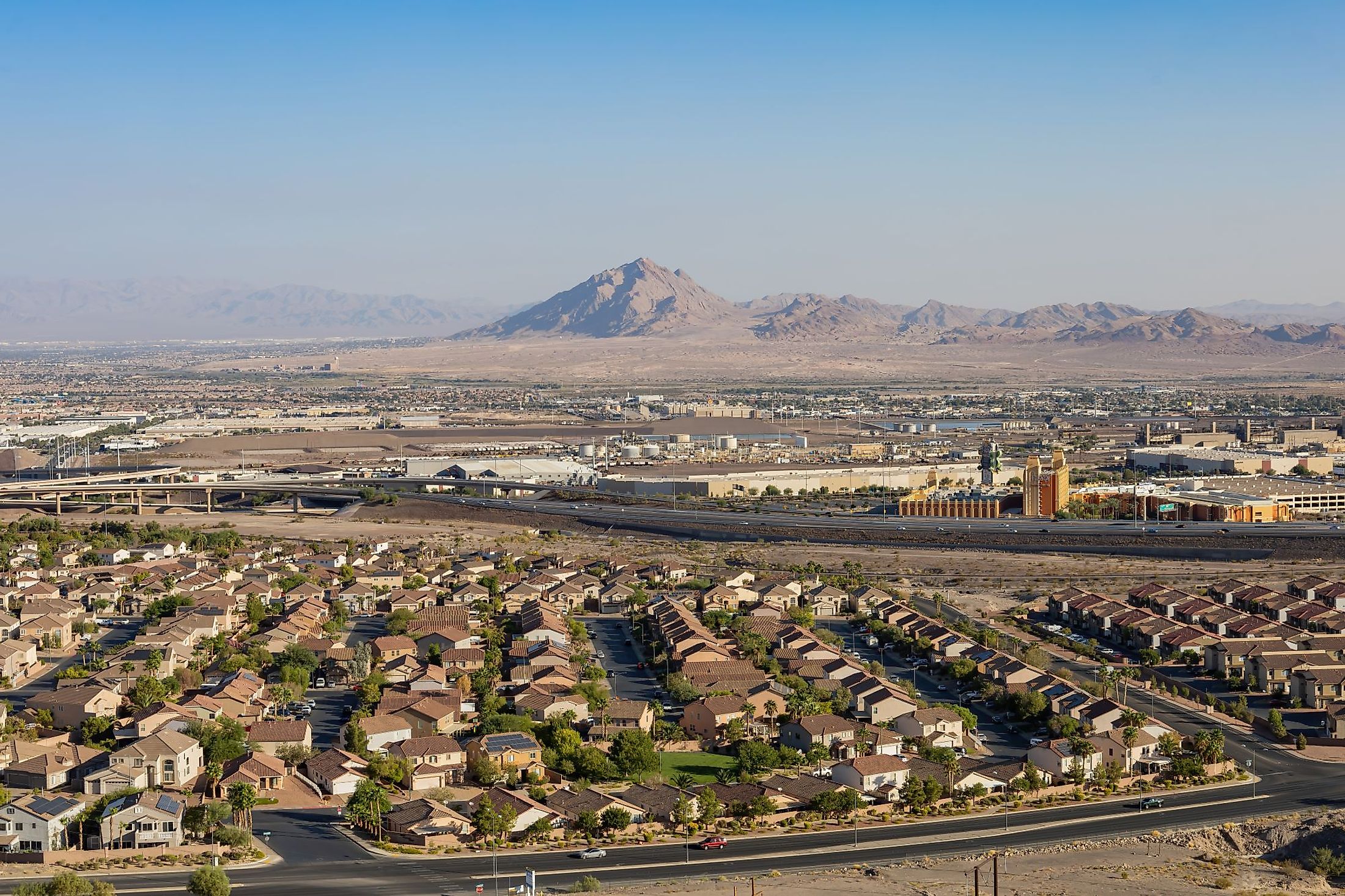 Sunny high angle view of the Henderson skyline at Nevada. 