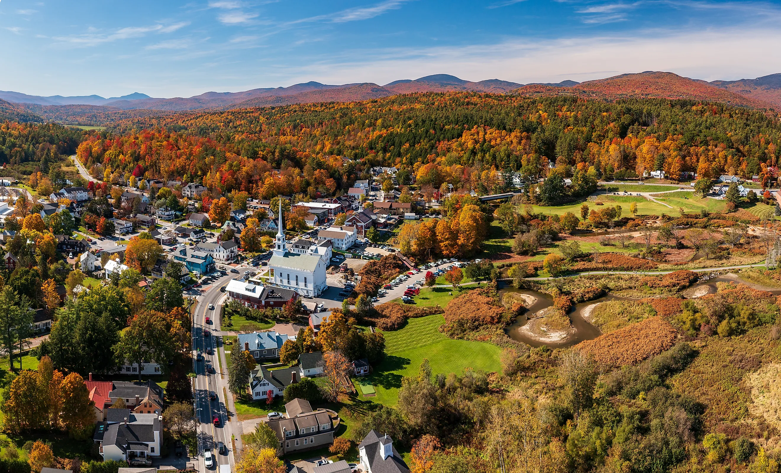 Panoramic aerial view of the town of Stowe, Vermont.