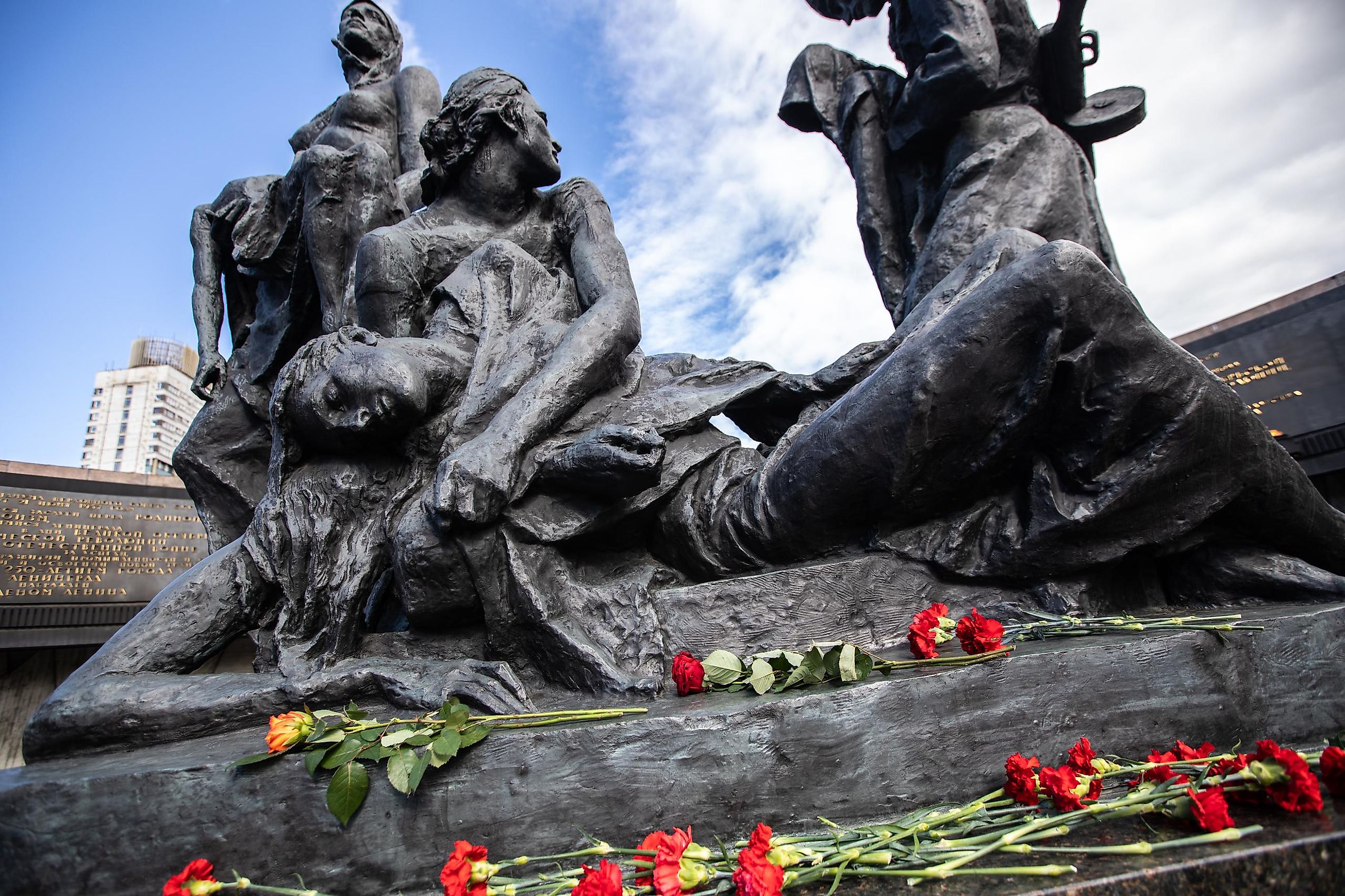 Flowers are laid at a memorial dedicated to the defenders of Leningrad in Saint Petersburg, Russia.