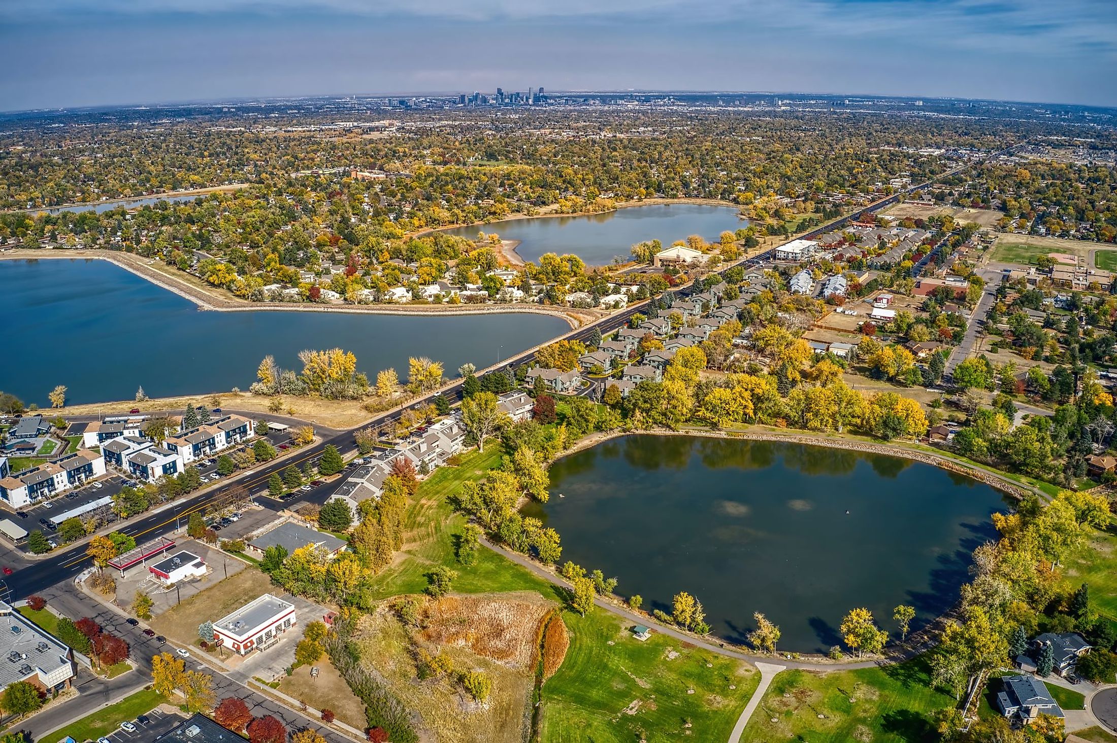 Aerial view of autumn colors in Denver suburb of Lakewood, Colorado. 