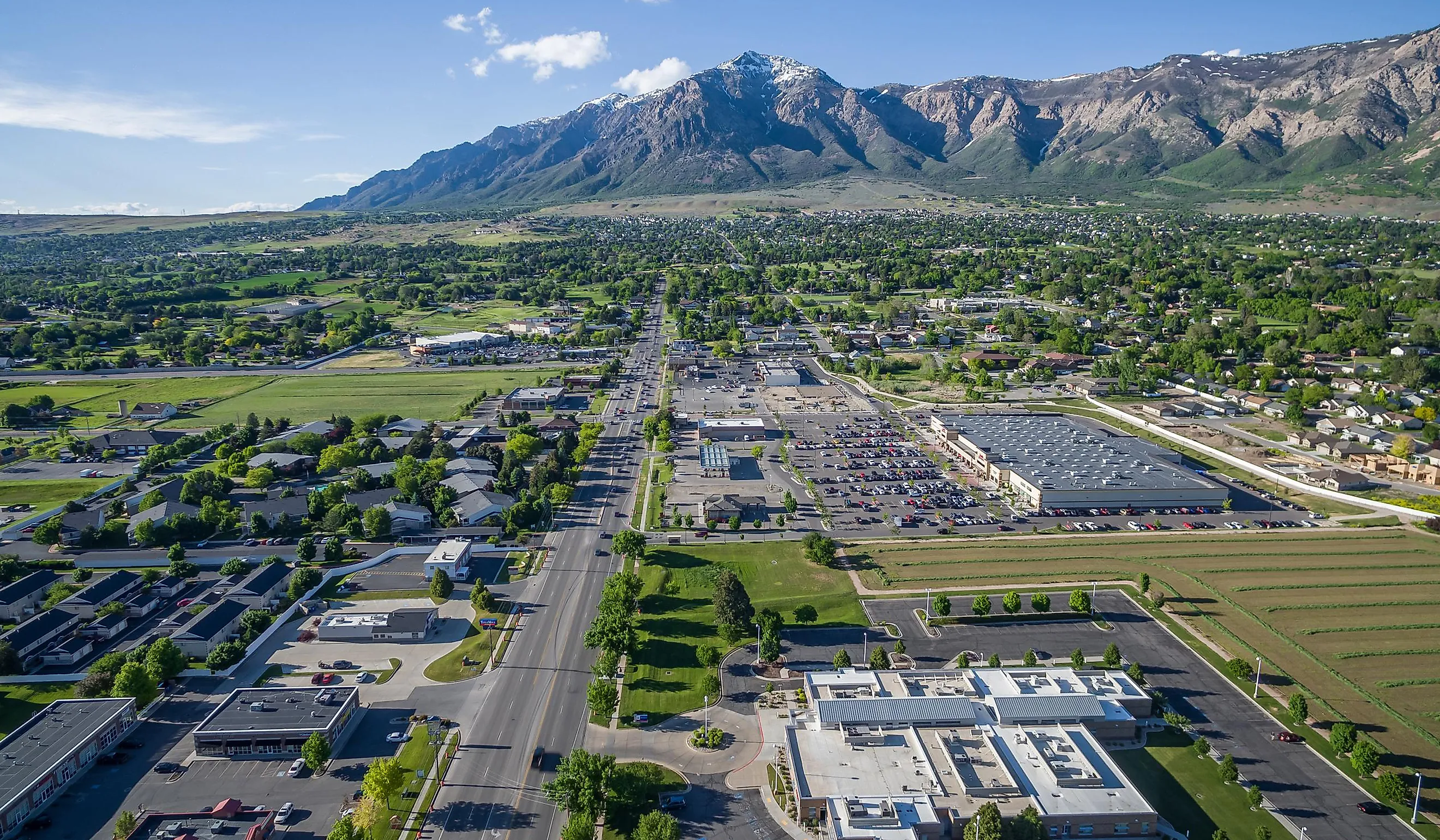 Aerial view from a drone of Washington Blvd and the commercial district of North Ogden, Utah.