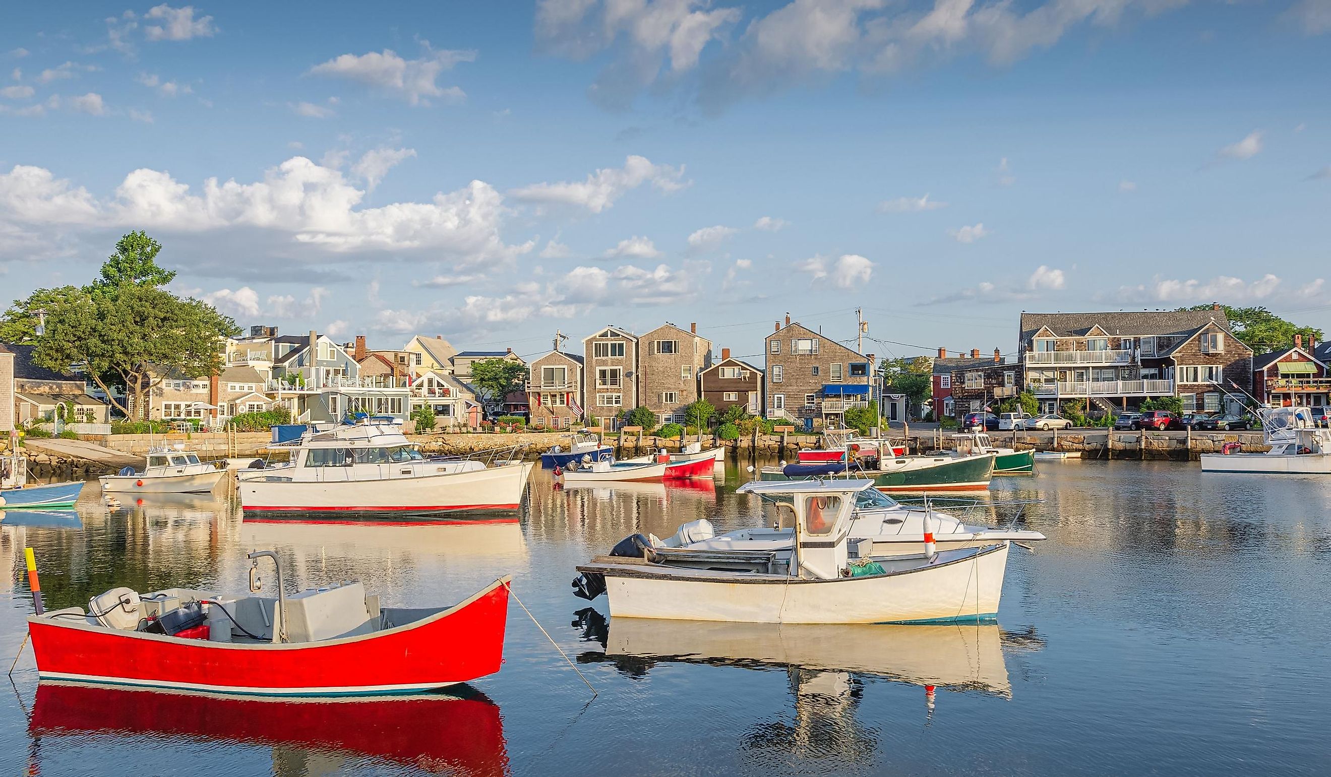 Fishing boats at anchor in the harbor of Rockport, Cape Ann, Massachusetts, New England, USA