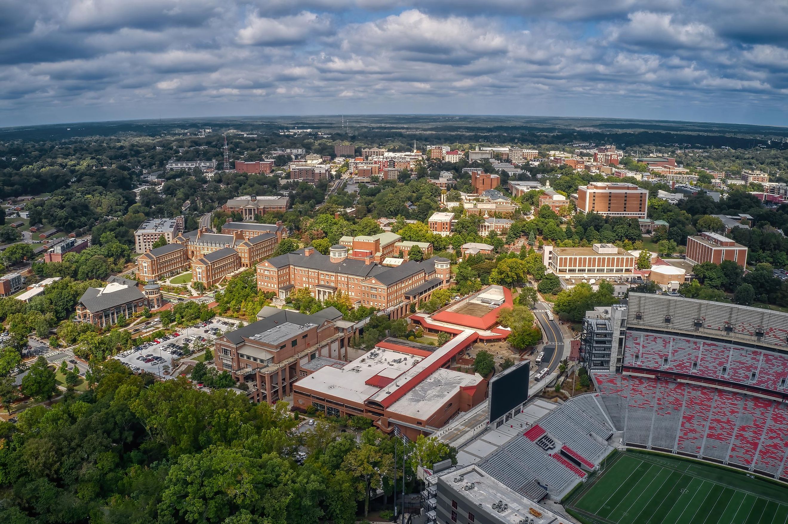 Aerial view of a large public university in Athens, Georgia