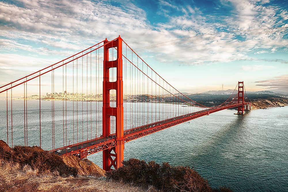 The Golden Gate Bridge spans the Golden Gate Strait.