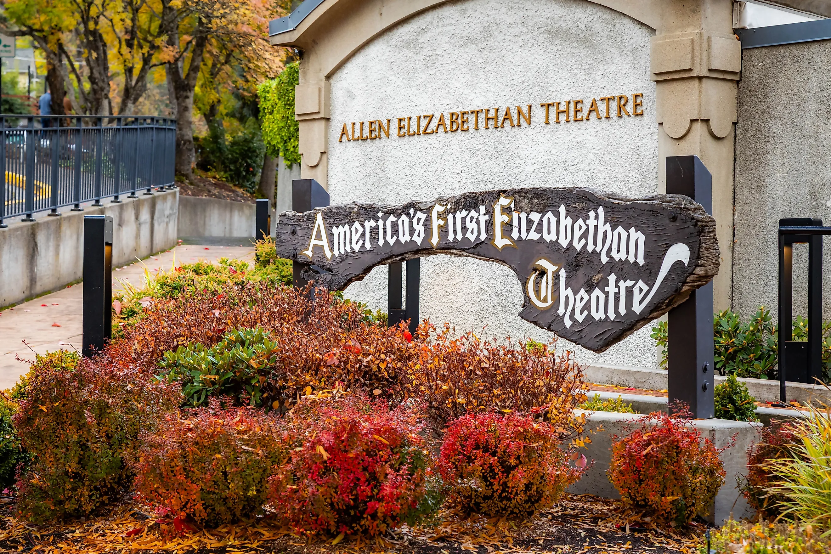 A view of the Allen Elizabethan Theatre exterior, one of the primary, famous, and historic venues of the Oregon Shakespeare Festival complex in Ashland, Oregon. Editorial credit: Photo Spirit / Shutterstock.com