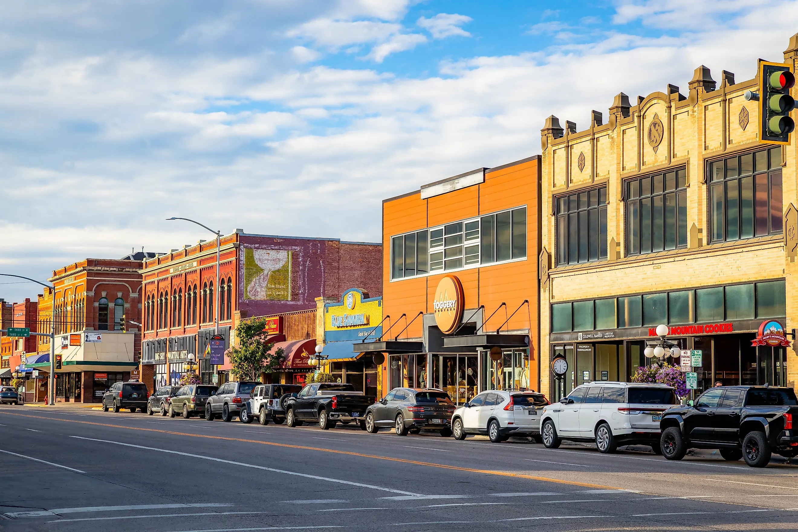 A vibrant view of local businesses in downtown Kalispell, Montana.