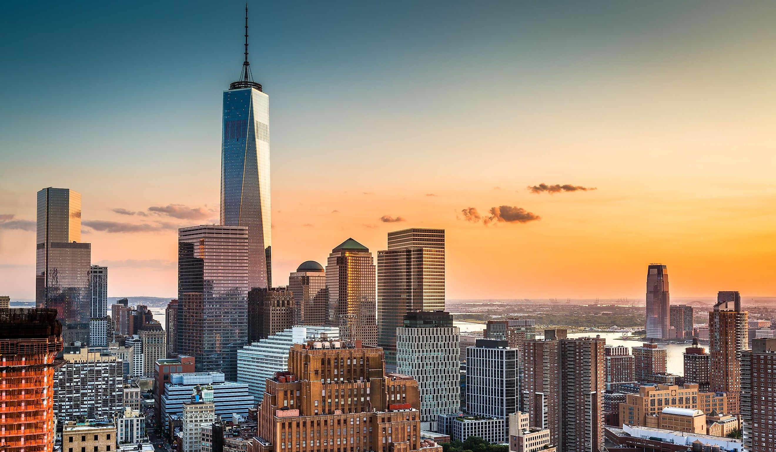 Lower Manhattan skyline at sunset. Image used under license from Shutterstock.com.