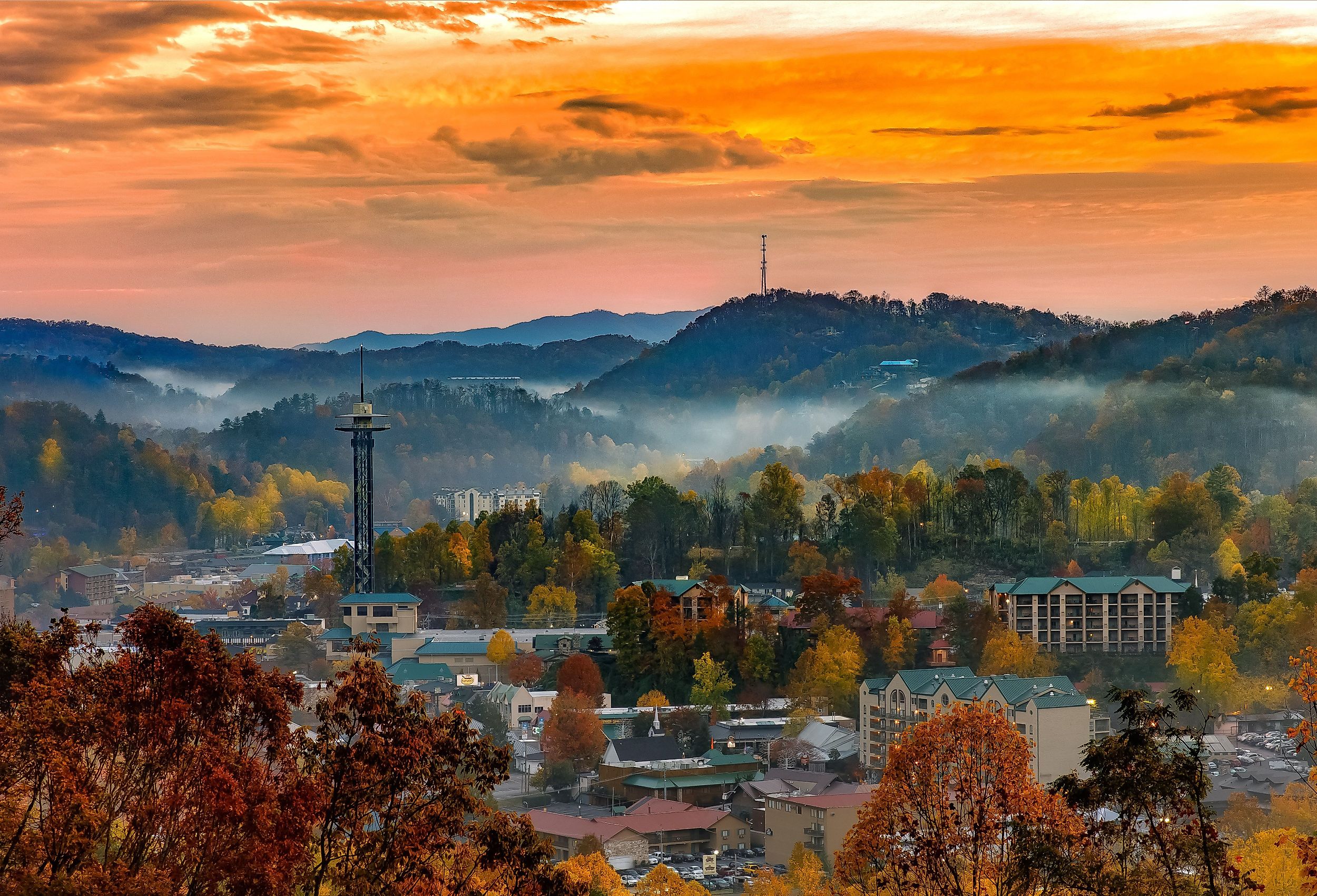 Aerial view of Gatlinburg cityscape in autumn. 