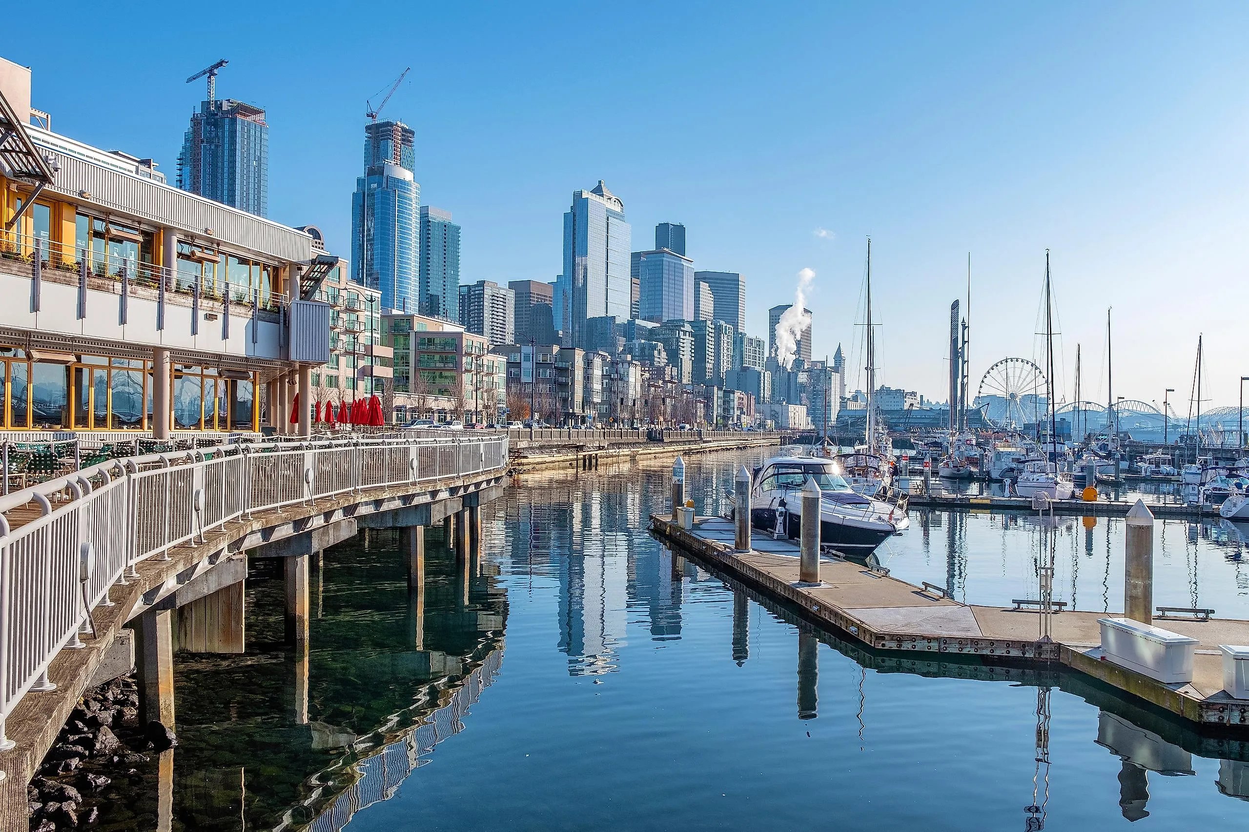 Empty outdoor restaurants at Seattle waterfront, Washington.