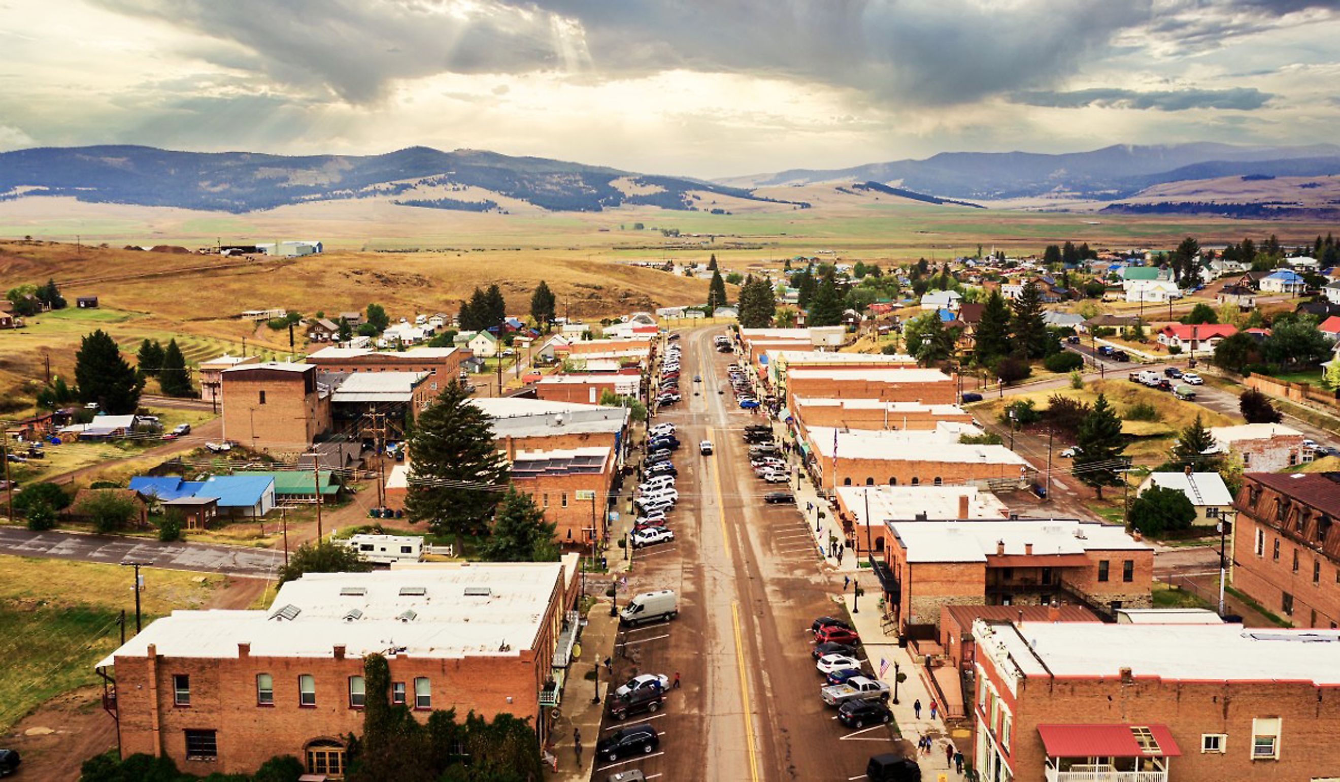 Aerial view of Broadway Street of Philipsburg, Montana.