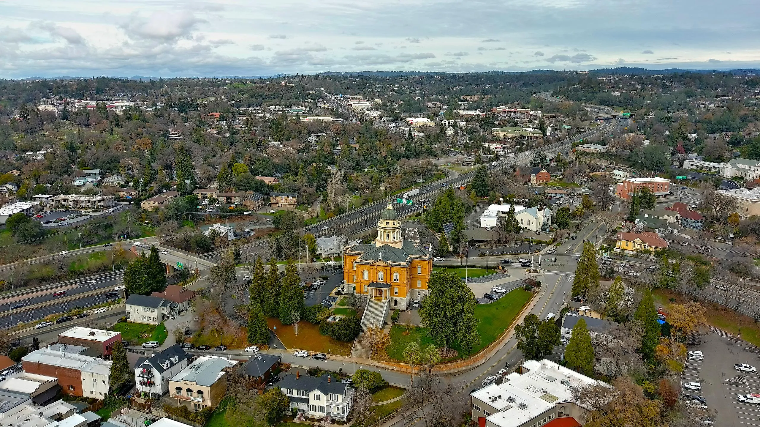 Aerial view of Auburn, California, featuring the historic 1898 Courthouse.