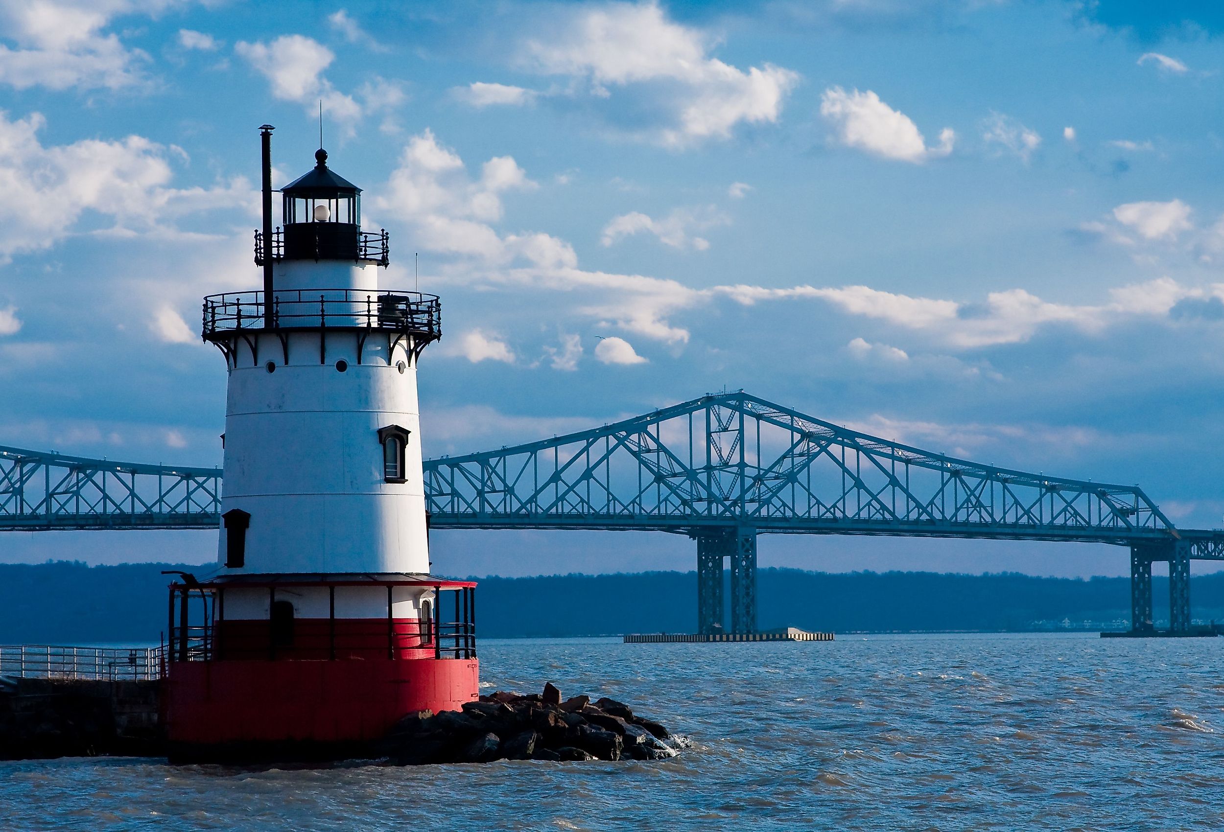 View of Tarrytown lighthouse and Tappan Zee bridge in Tarrytown, New York.