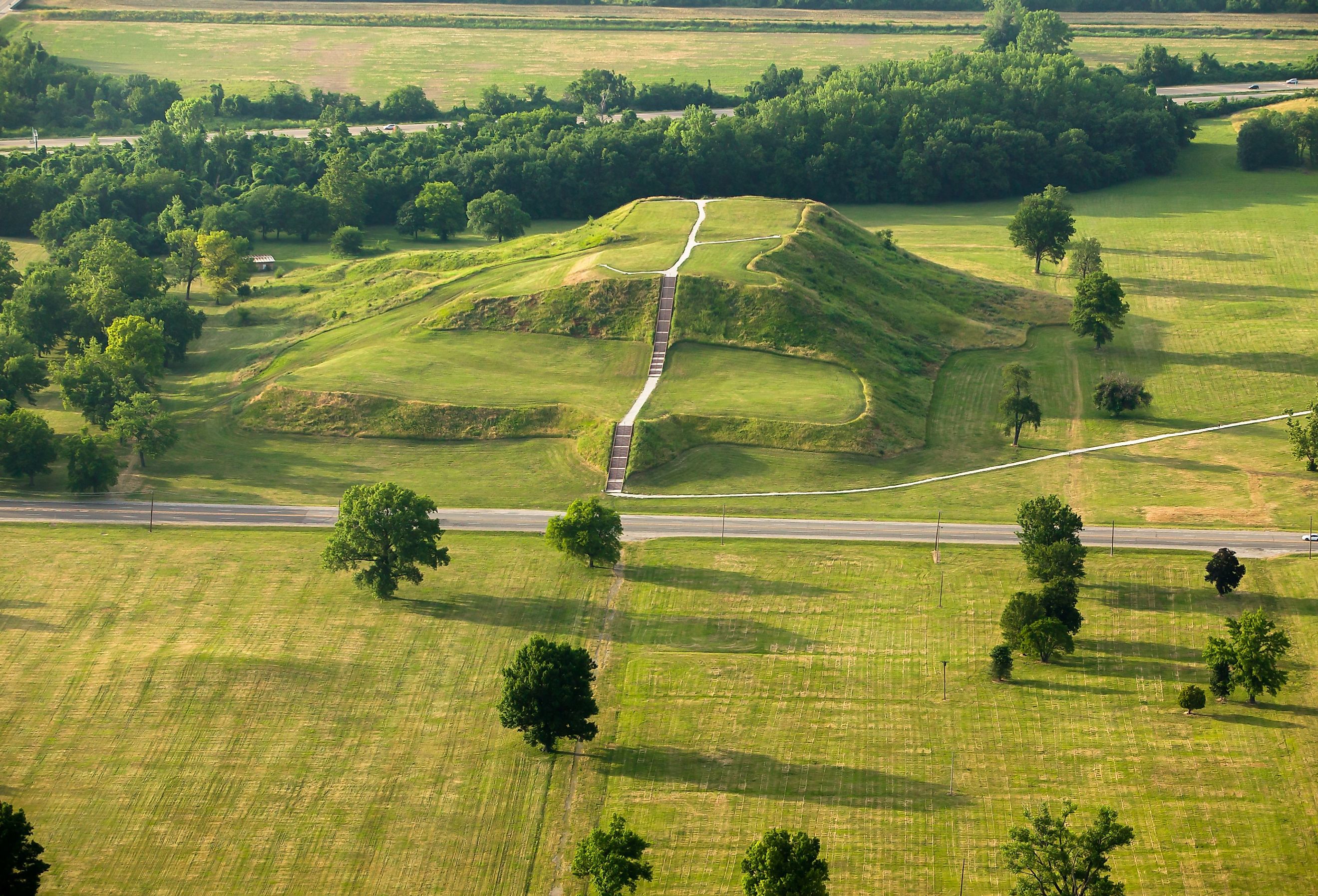 Aerial view of ancient Native American burial mound Cahokia Mounds, Illinois.