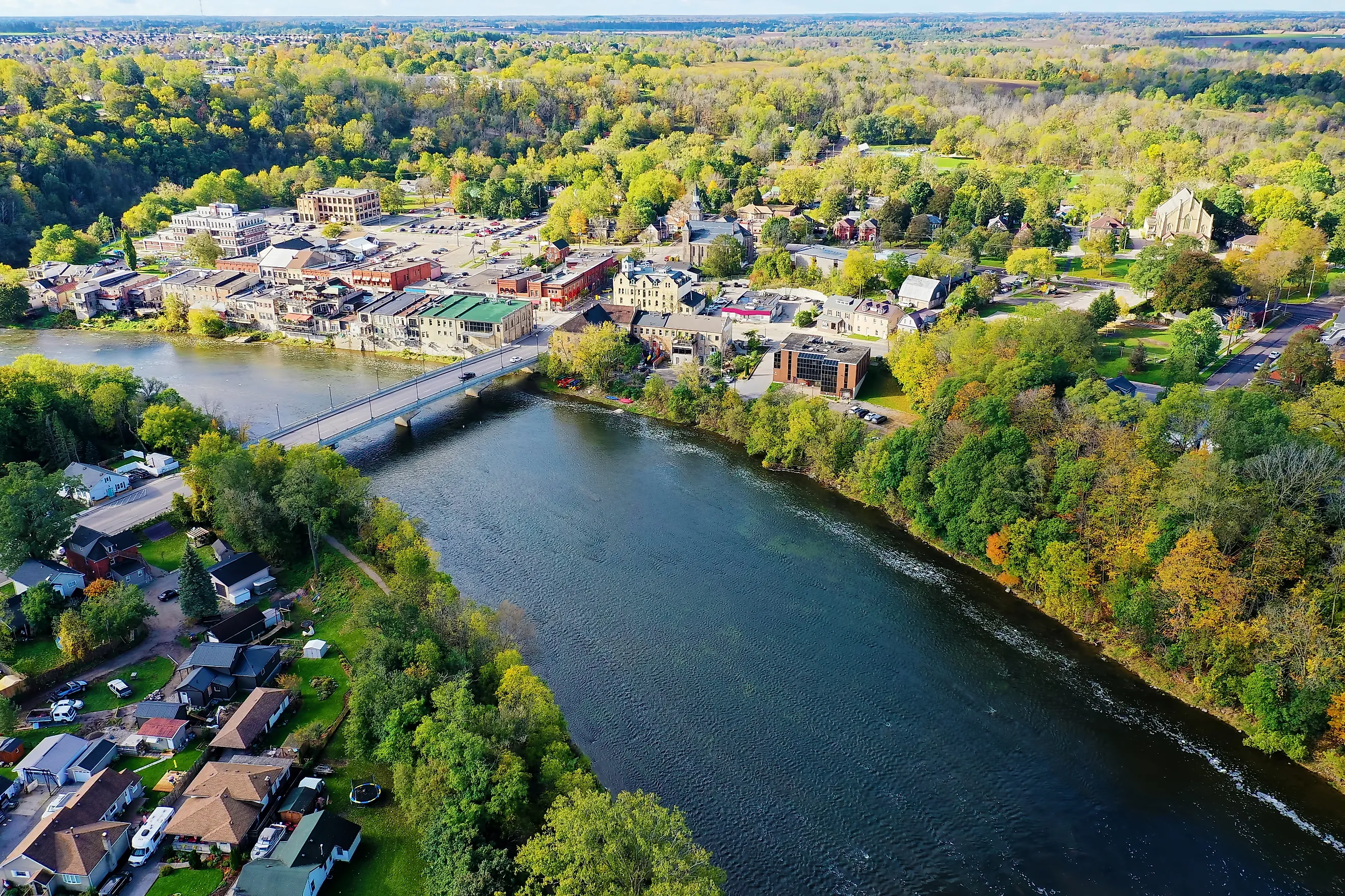 An aerial of Paris, Ontario, Canada in early autumn