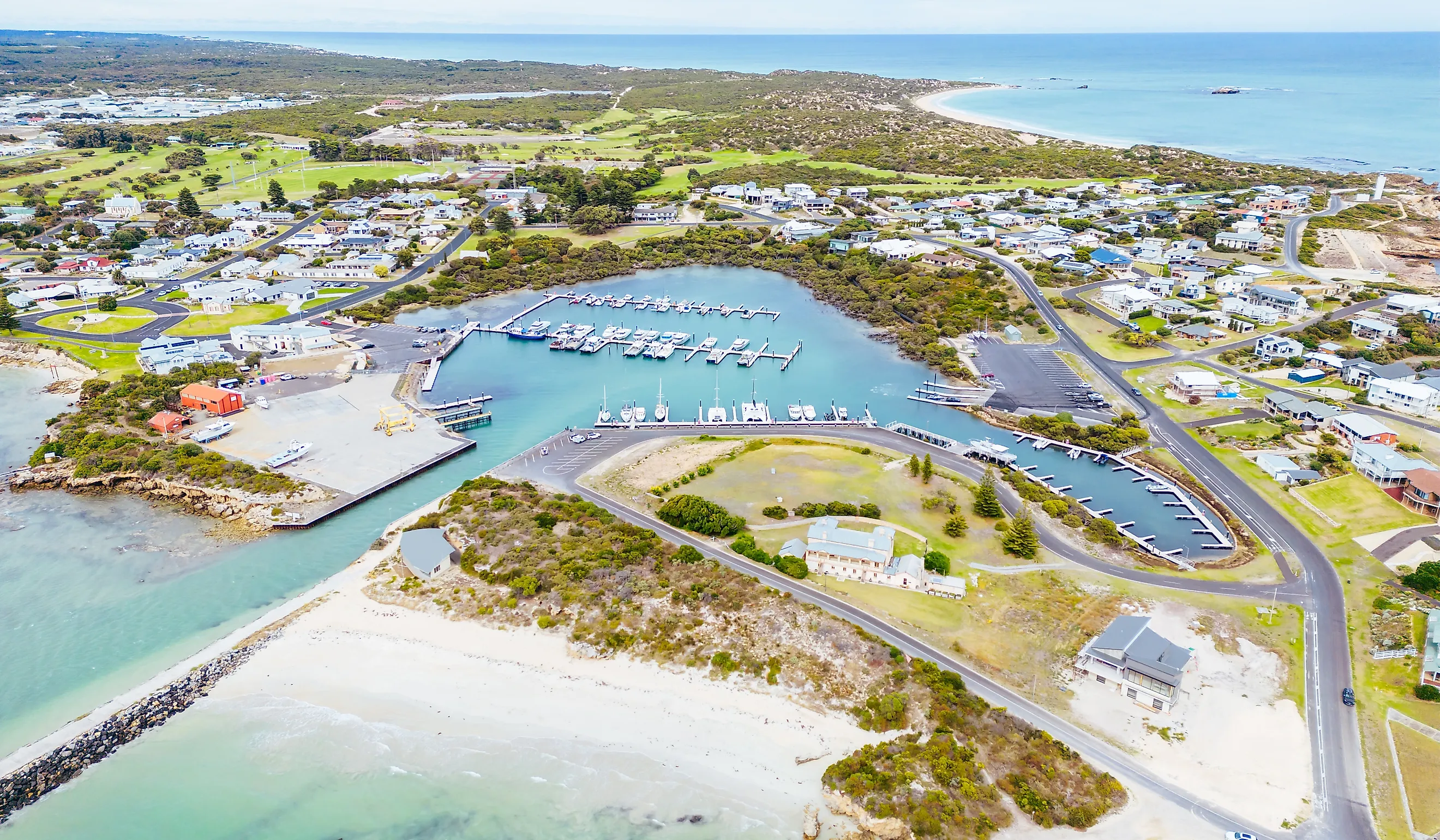 An aerial view over the rural township of Robe on the Limestone Coast.