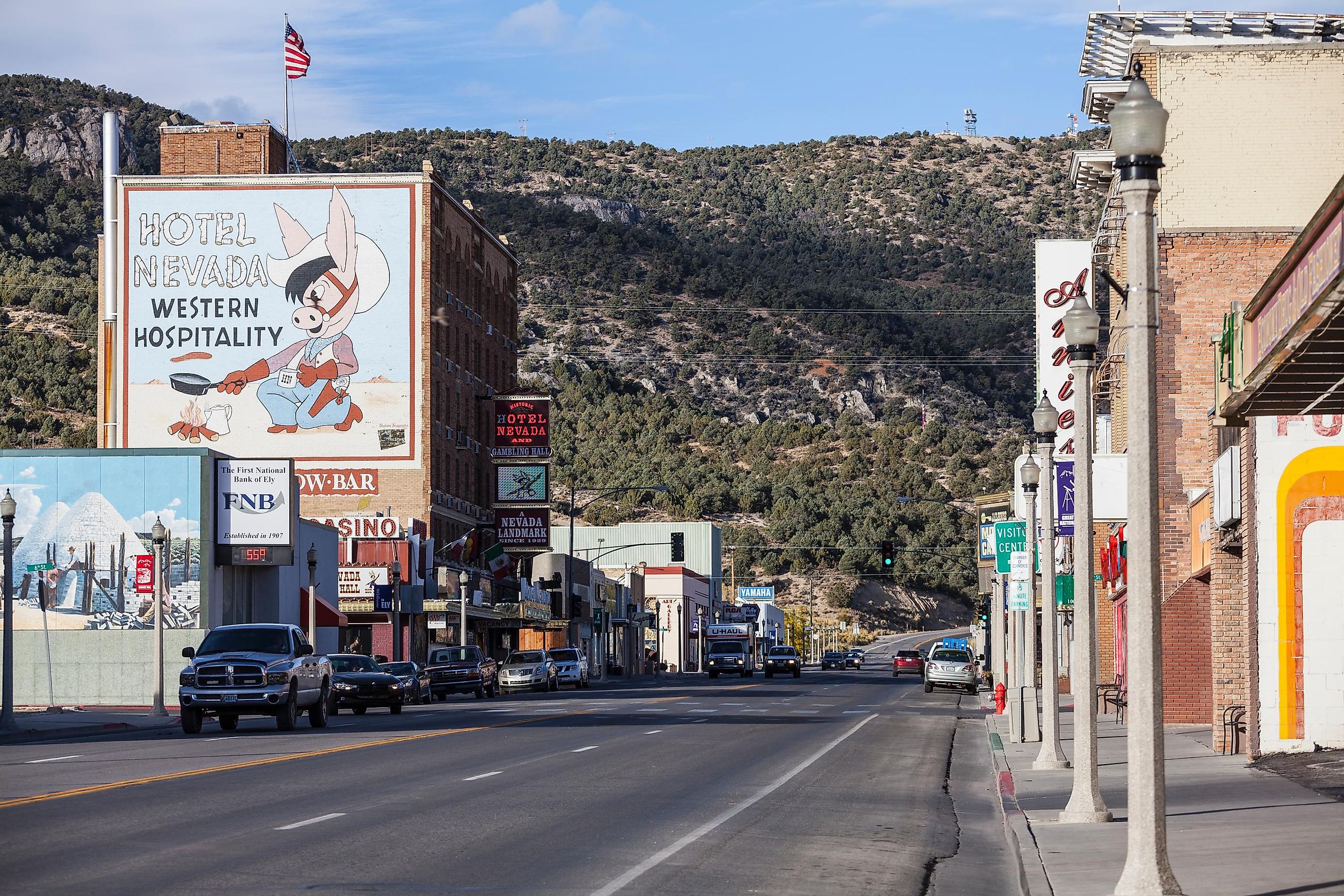 Hotel Nevada and old storefronts along historic Lincoln Highway on October 16, 2016 in Ely, Nevada, USA.
