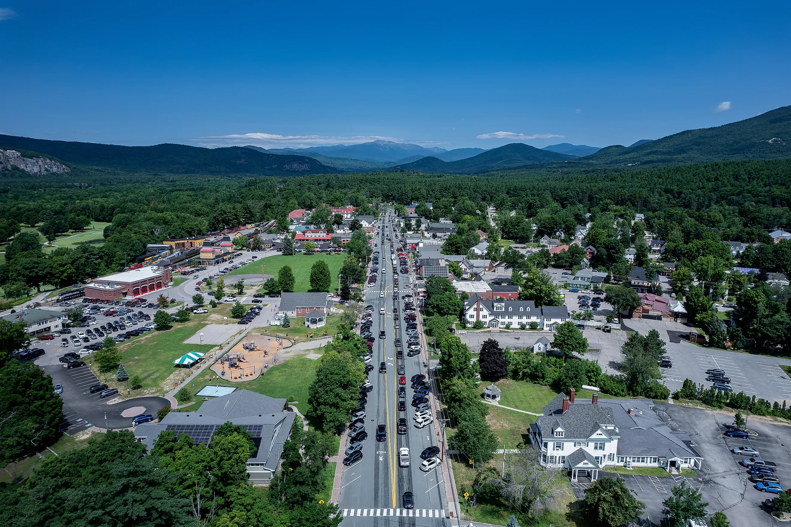 Aerial view of North Conway, New Hampshire, in summer.