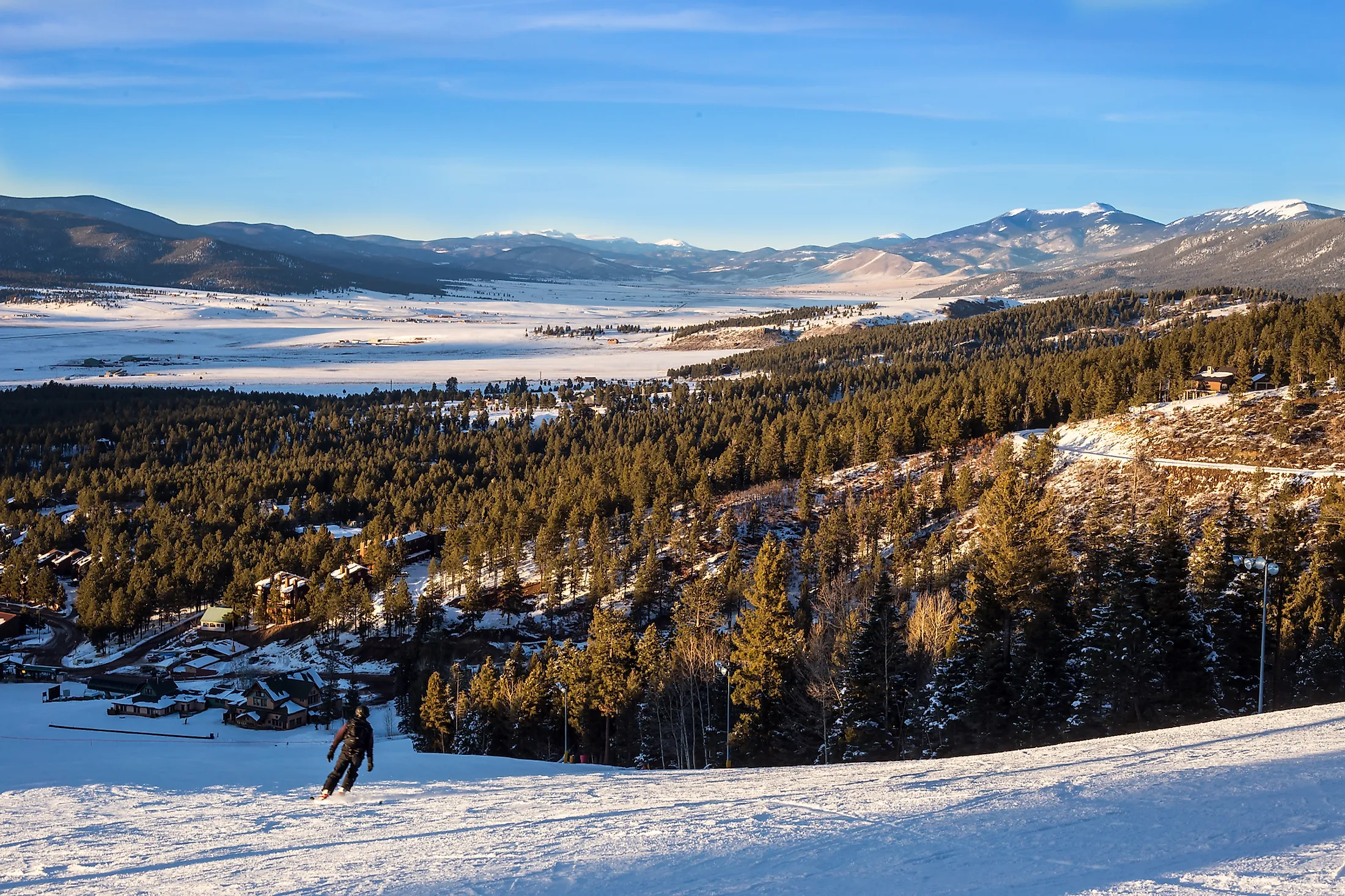 Panoramic view at ski slopes piste in the mountains of Angel Fire, New Mexico.