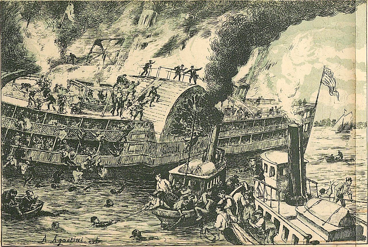 The great catastrophe of the passenger steamboat General Slocum (Angelo Agostini, O Malho, 1904).