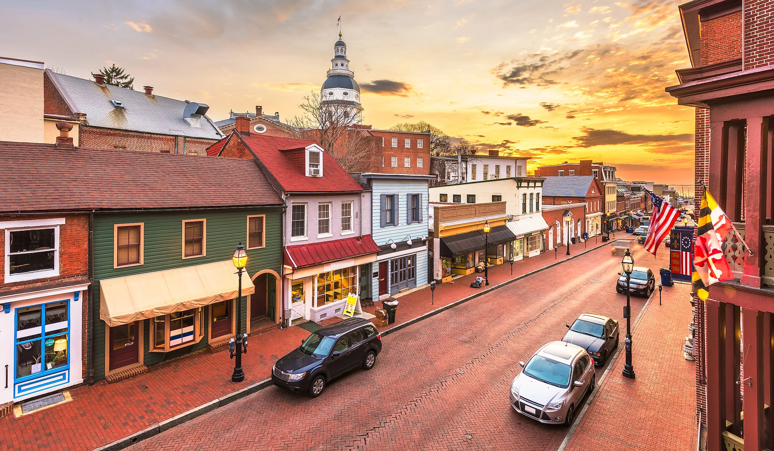 Downtown view of Main Street with the State House in Annapolis, Maryland.