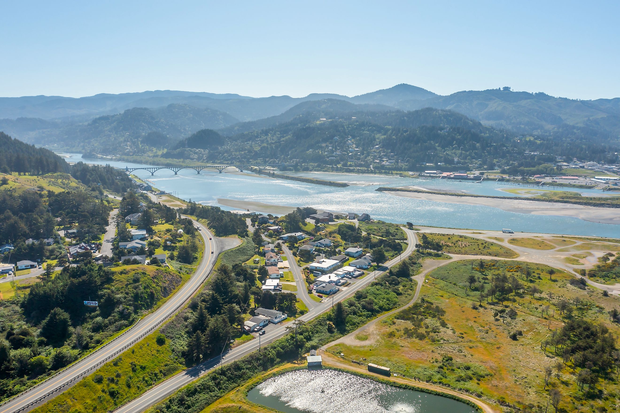Aerial view of the Rogue River in Gold Beach, Oregon.